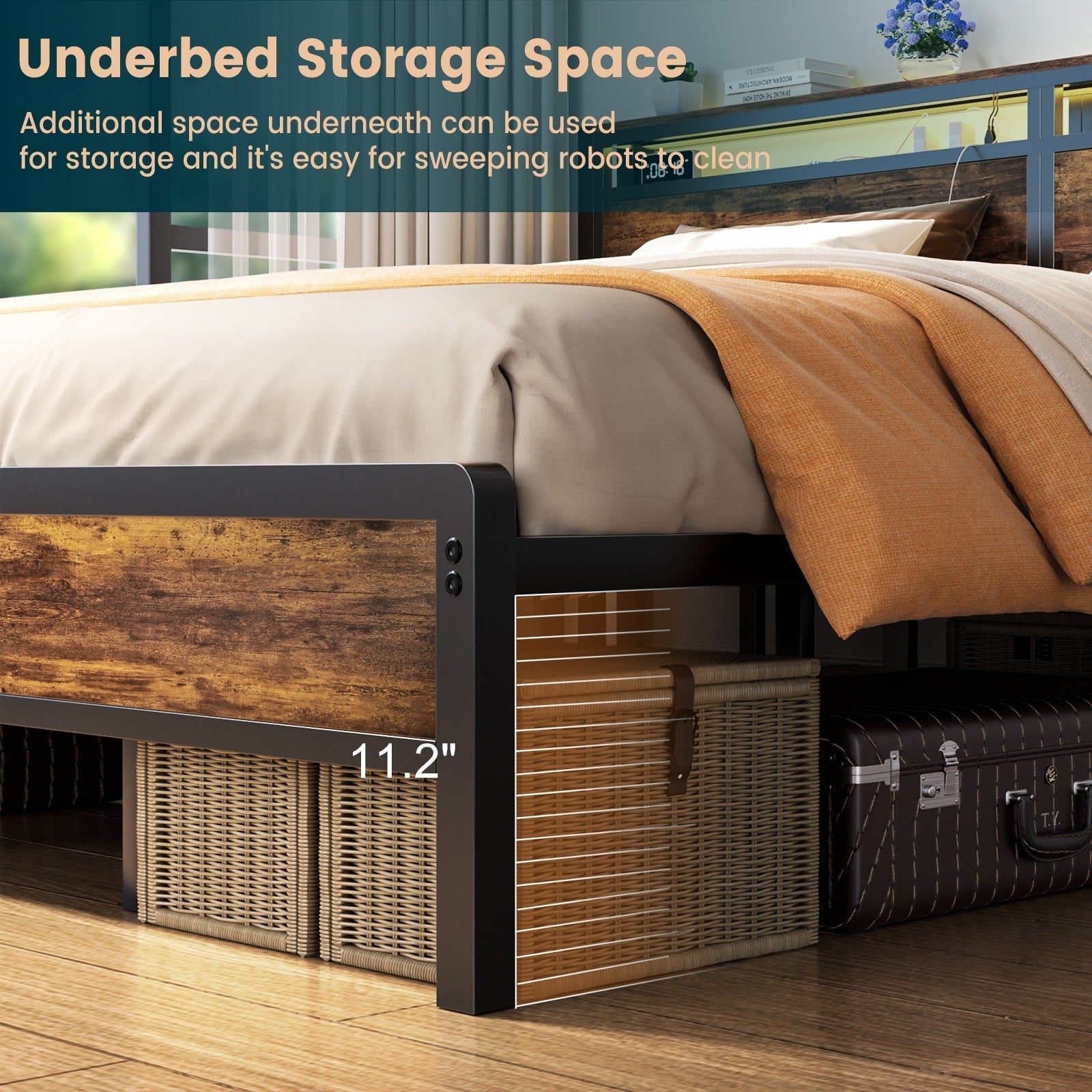 Farmhouse Wood Platform Bed Frame with Charged Station and LED Lights