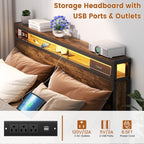 Farmhouse Wood Platform Bed Frame with Charged Station and LED Lights