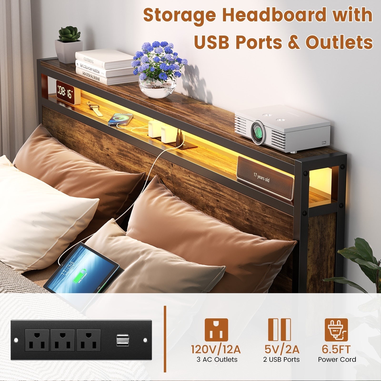 Farmhouse Wood Platform Bed Frame with Charged Station and LED Lights