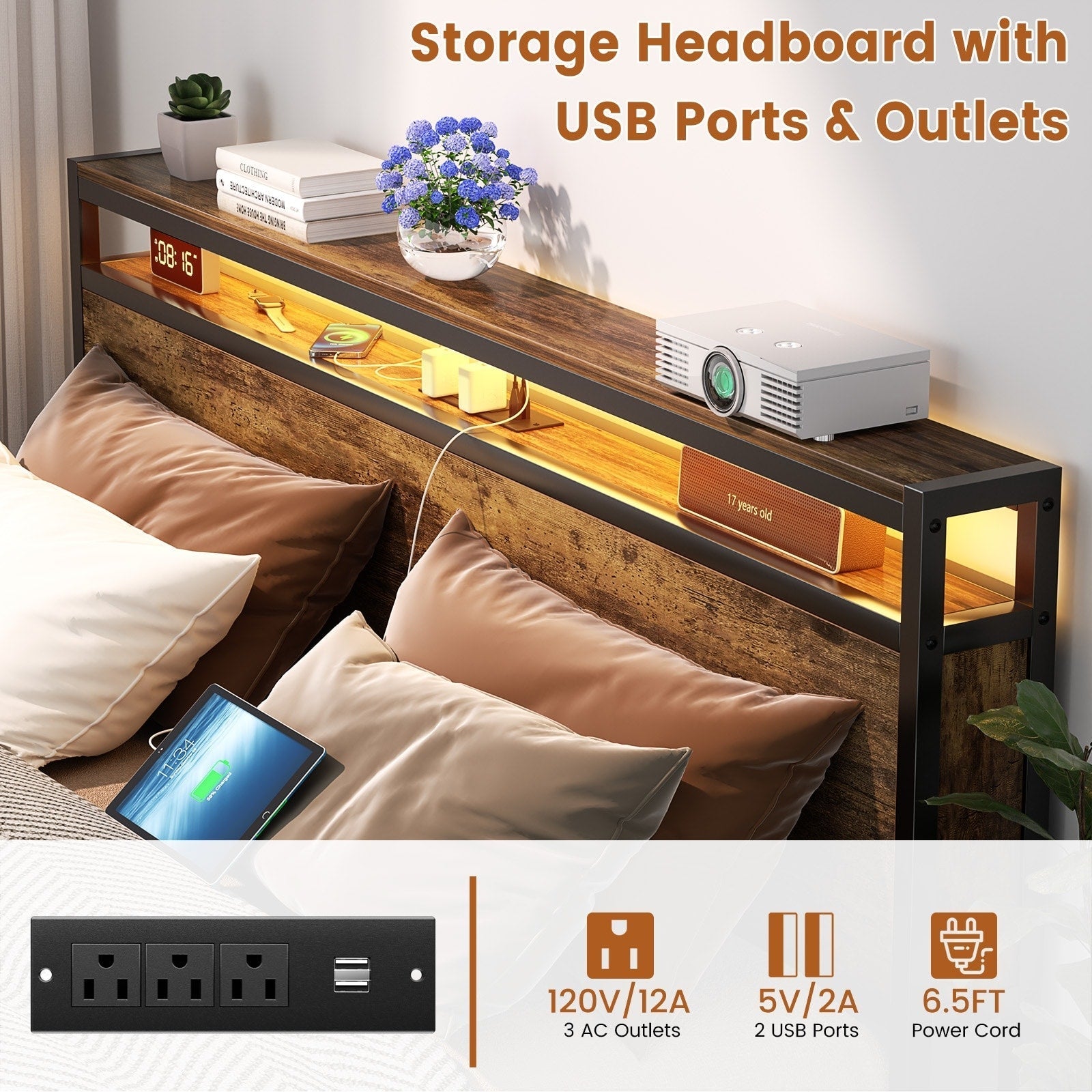 Farmhouse Wood Platform Bed Frame with Charged Station and LED Lights
