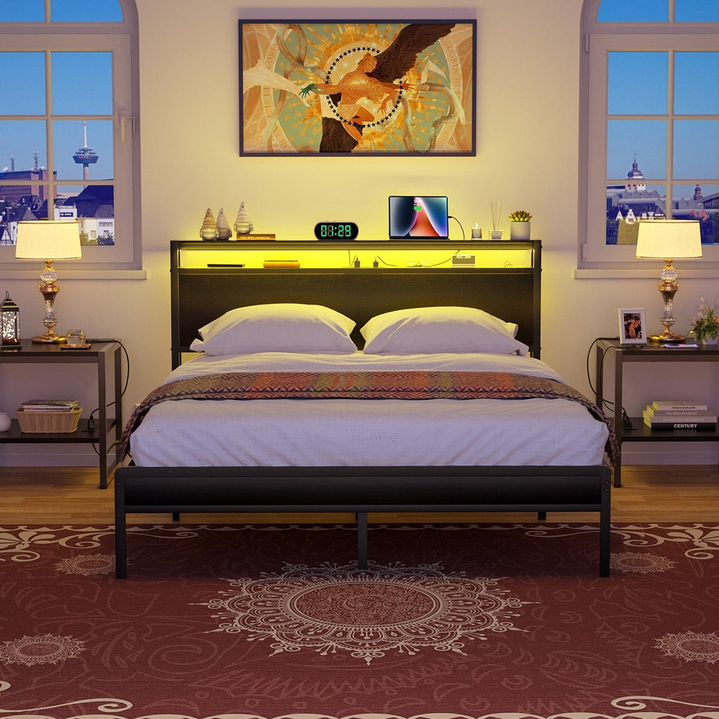 Farmhouse Wood Platform Bed Frame with Charged Station and LED Lights