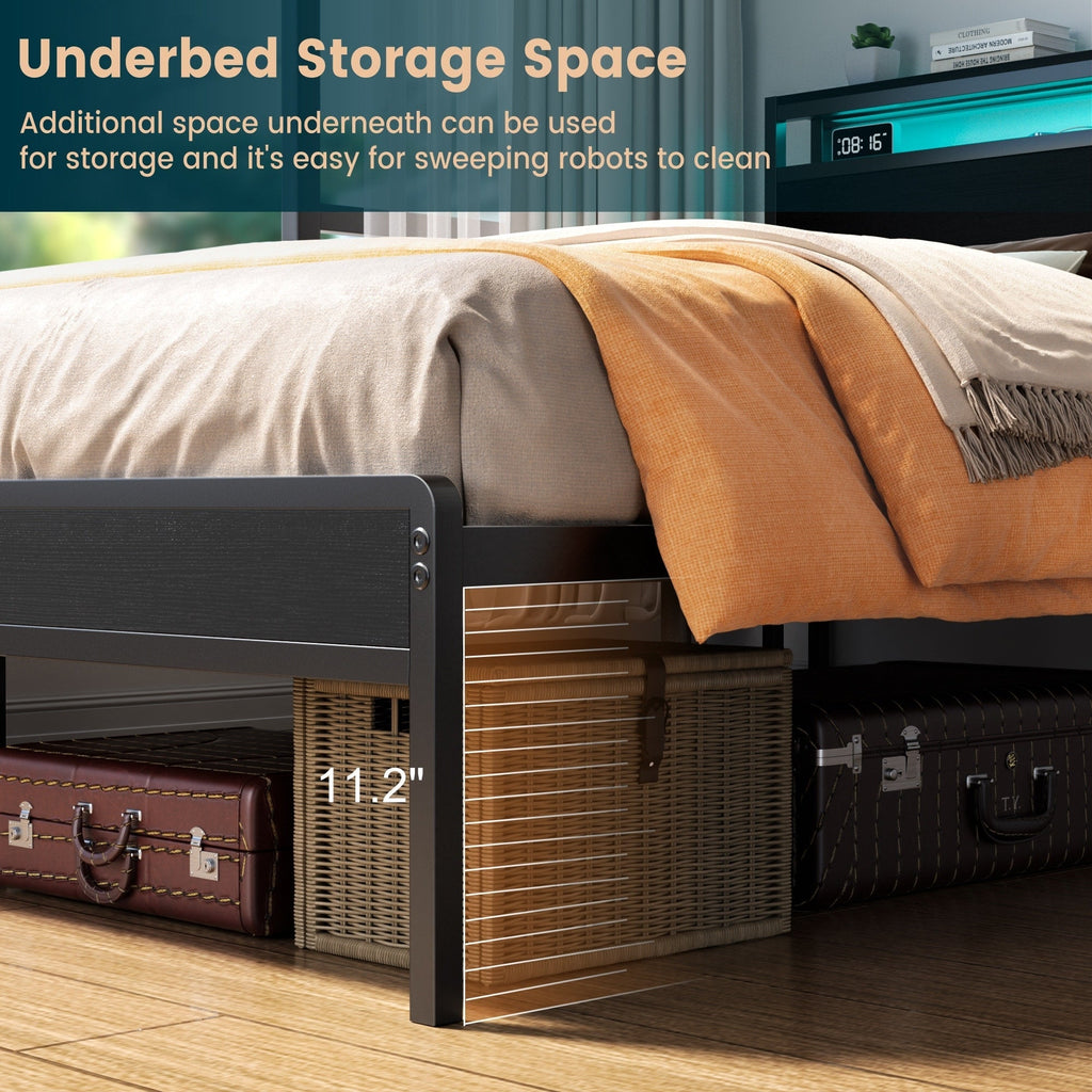 Farmhouse Wood Platform Bed Frame with Charged Station and LED Lights