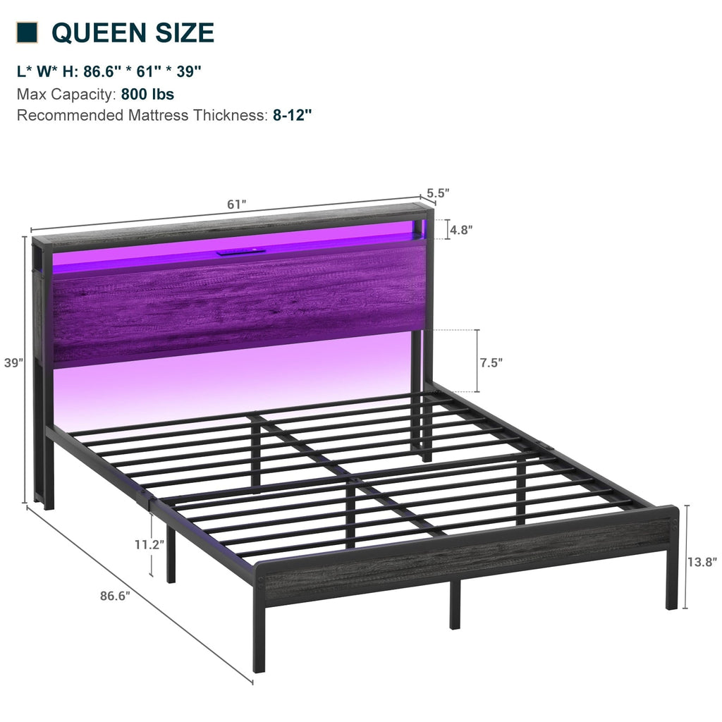 Farmhouse Wood Platform Bed Frame with Charged Station and LED Lights