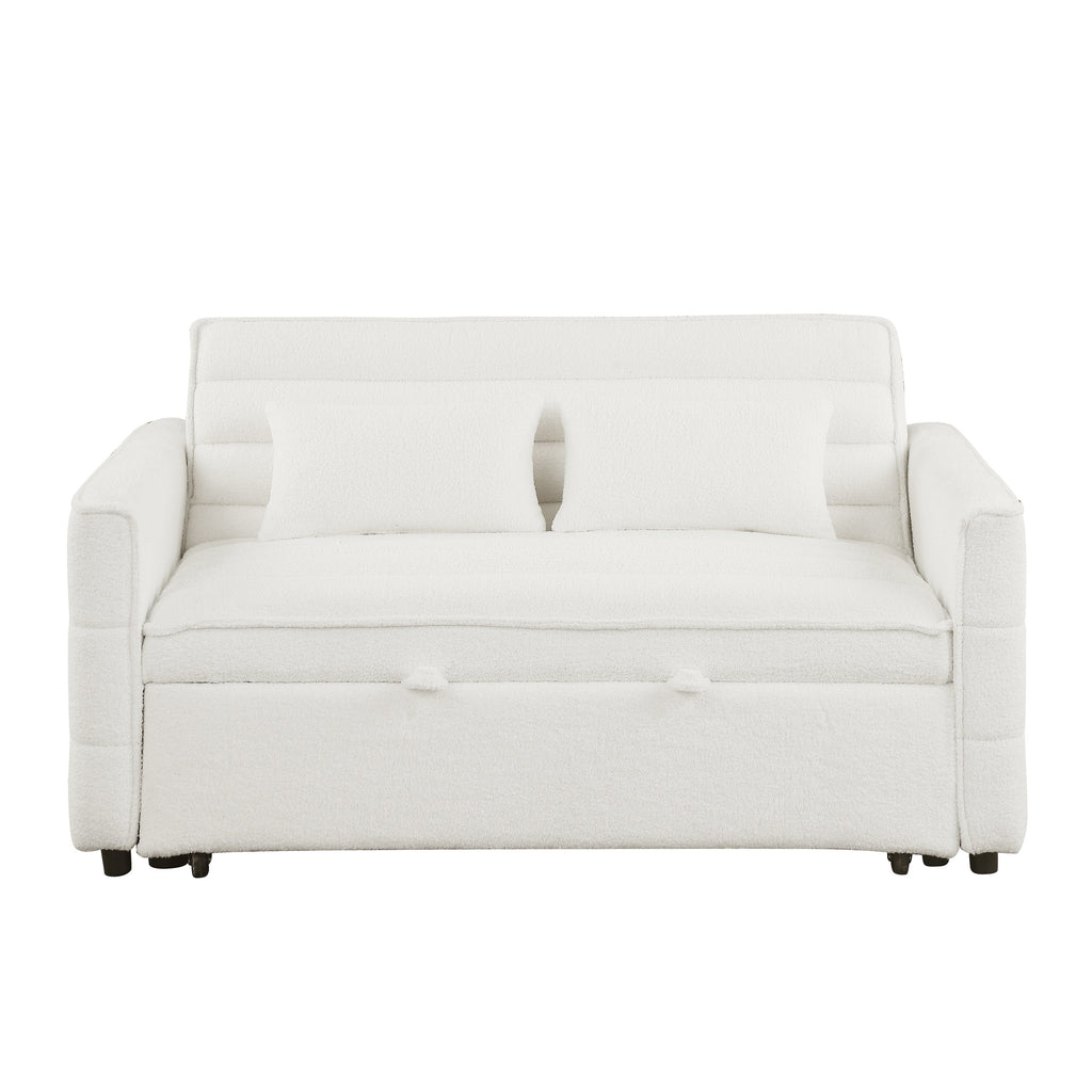 Beige 55.12 Boucle Loveseat Convertible Pull-Out Sofa Bed with Adjustable Back and 2 Waist Pillows for Living Room