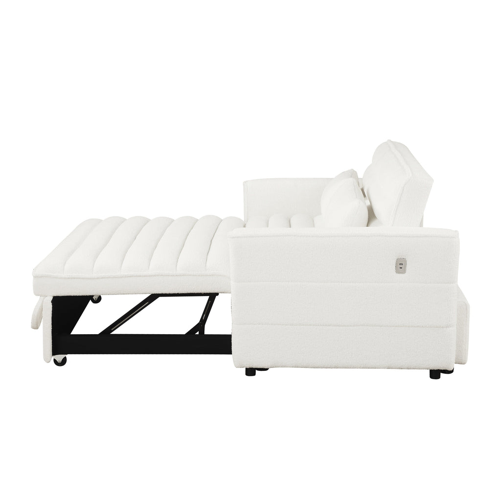 Beige 55.12 Boucle Loveseat Convertible Pull-Out Sofa Bed with Adjustable Back and 2 Waist Pillows for Living Room