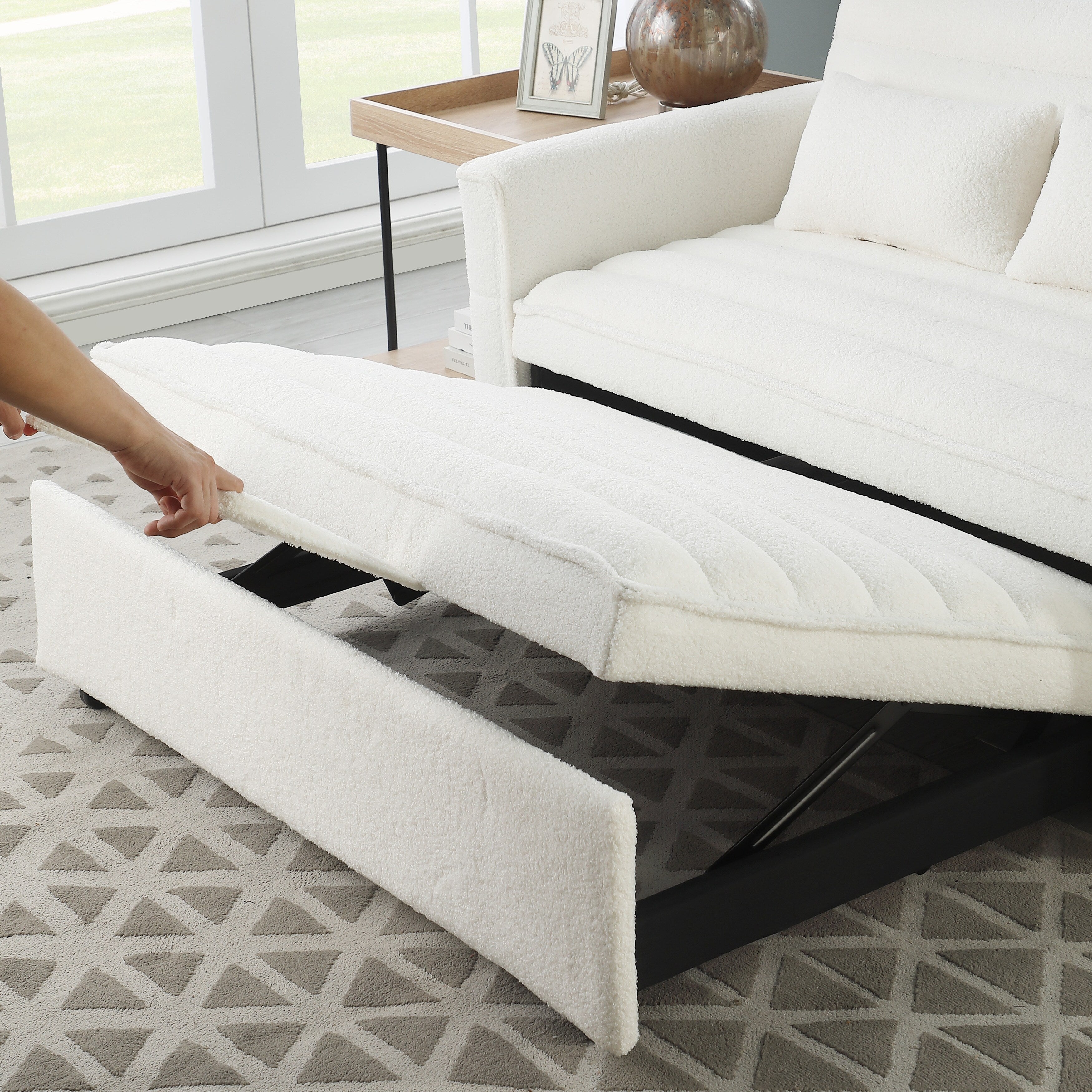 Beige 55.12 Boucle Loveseat Convertible Pull-Out Sofa Bed with Adjustable Back and 2 Waist Pillows for Living Room