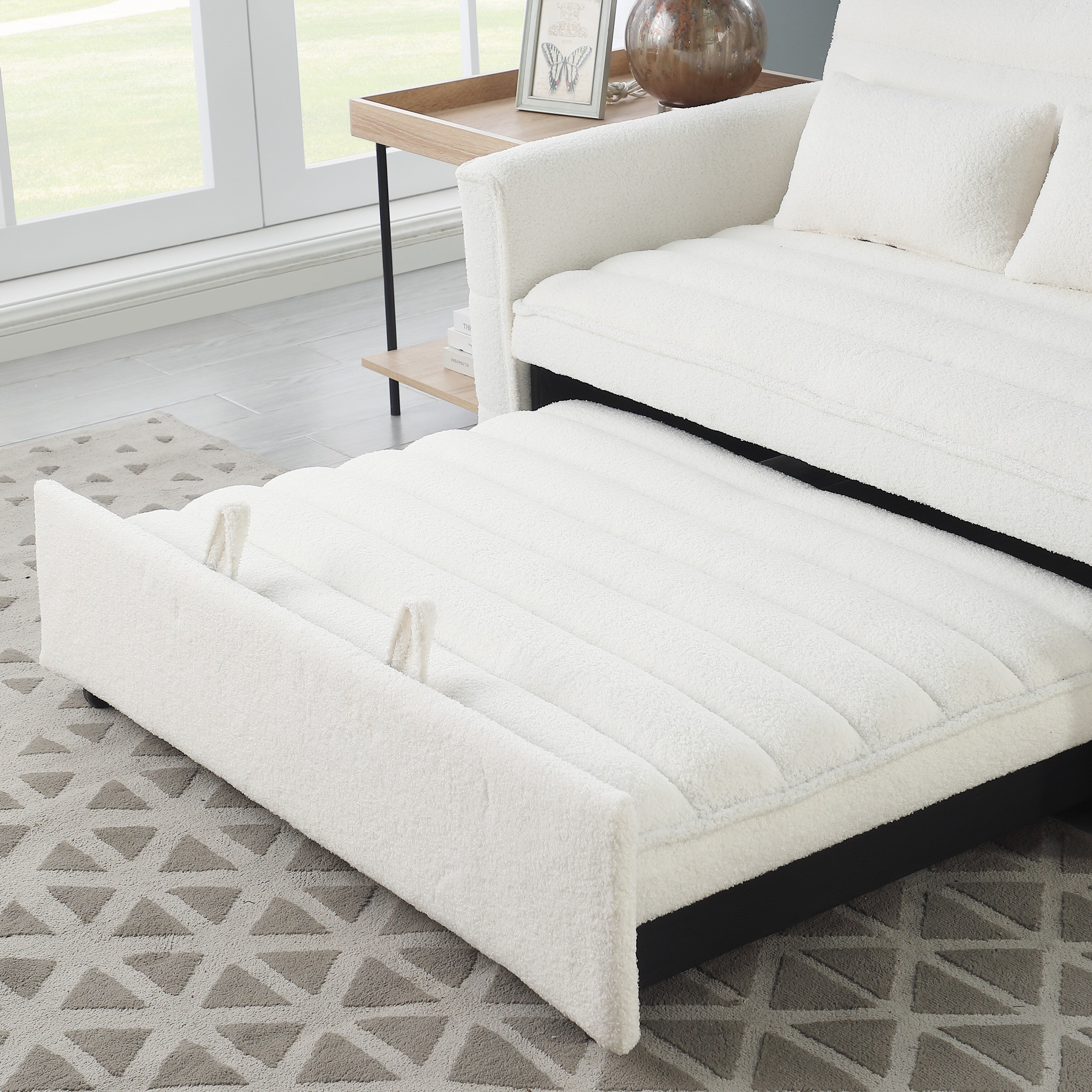 Beige 55.12 Boucle Loveseat Convertible Pull-Out Sofa Bed with Adjustable Back and 2 Waist Pillows for Living Room
