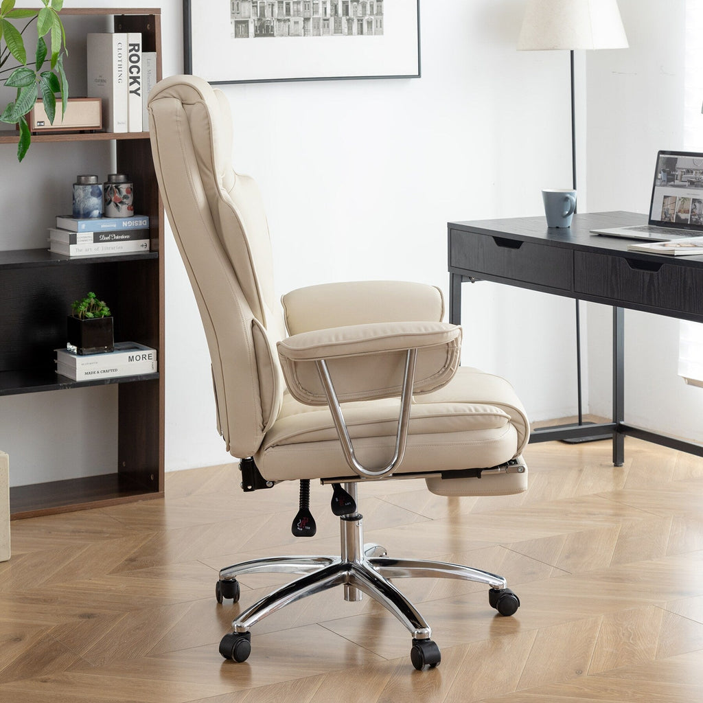 Beige Bonded Leather 360° Swivel Ergonomic High Back Office Recliner with Lumbar Support, Footrest, Adjustable Height