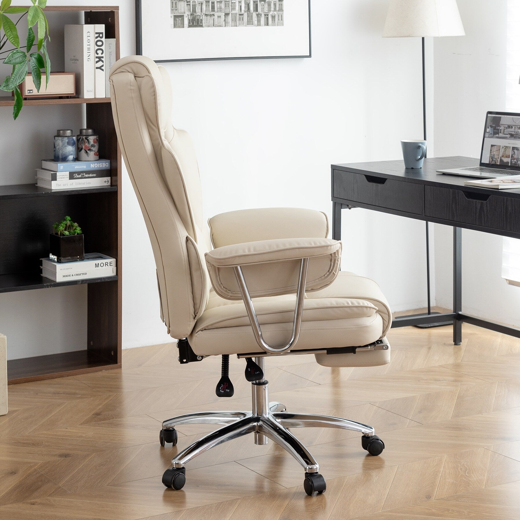 Beige Bonded Leather 360° Swivel Ergonomic High Back Office Recliner with Lumbar Support, Footrest, Adjustable Height