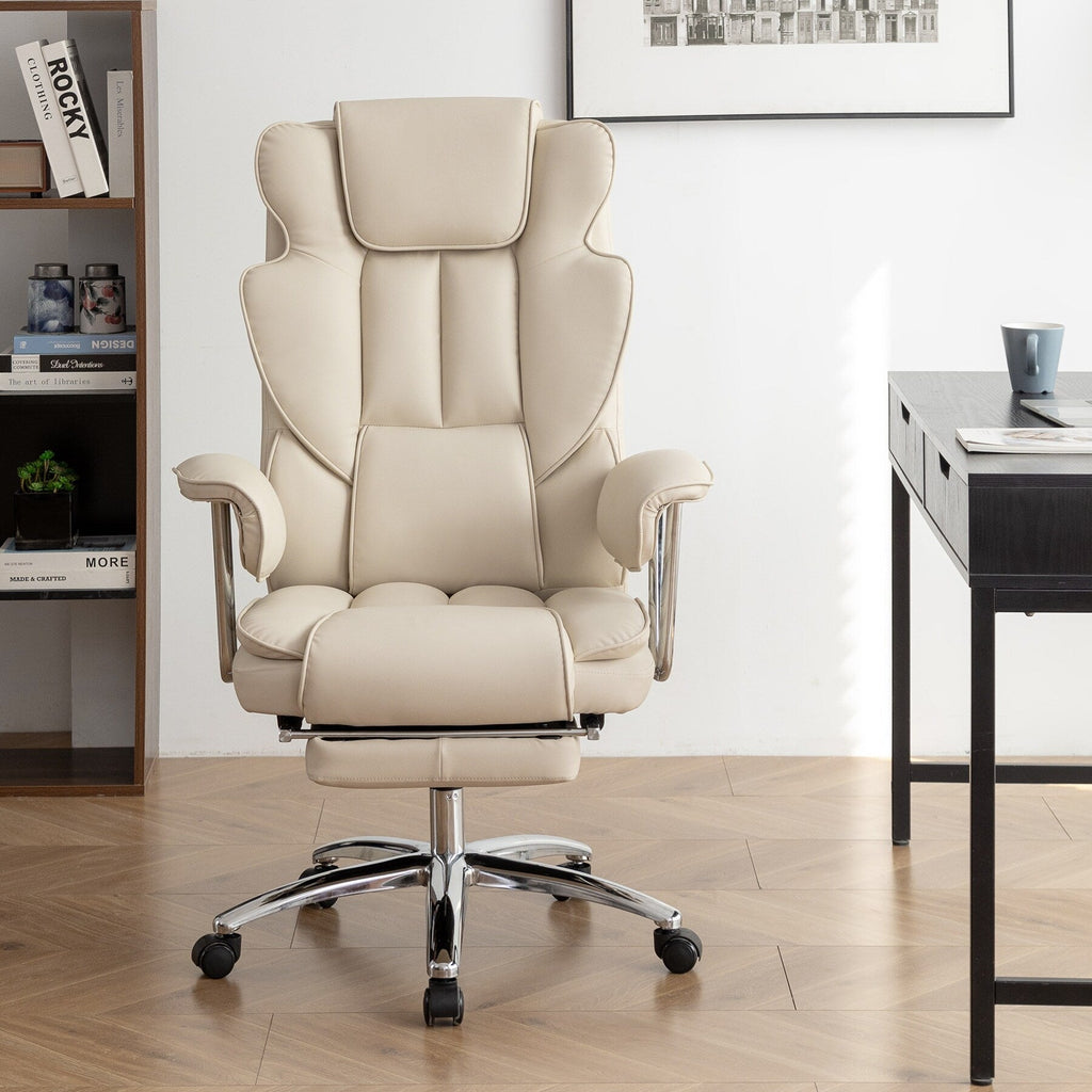 Beige Bonded Leather 360° Swivel Ergonomic High Back Office Recliner with Lumbar Support, Footrest, Adjustable Height