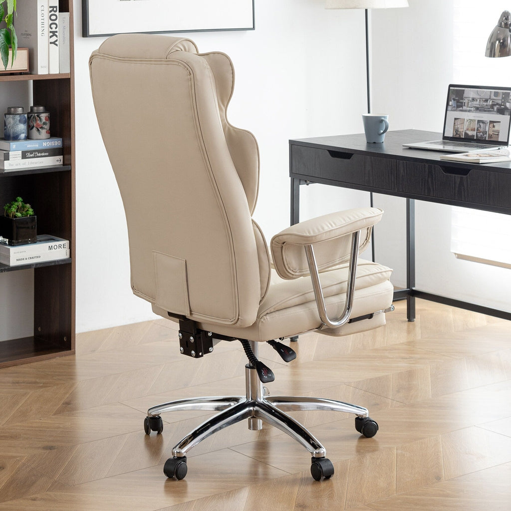 Beige Bonded Leather 360° Swivel Ergonomic High Back Office Recliner with Lumbar Support, Footrest, Adjustable Height