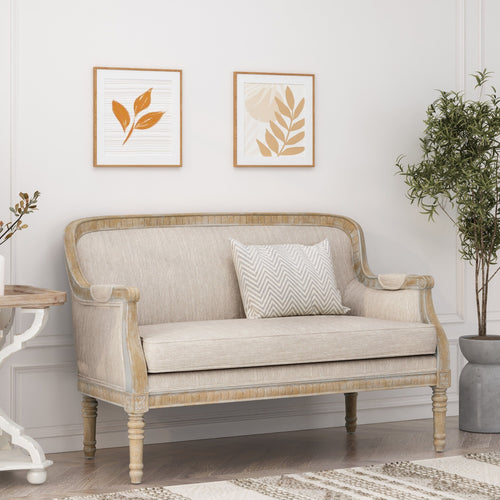 Beige Brown Wood Loveseat Sofa with Rubber Wood Frame