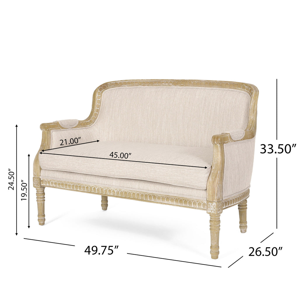 Beige Brown Wood Loveseat Sofa with Rubber Wood Frame