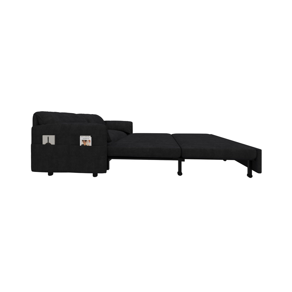 Black 63.8 3-in-1 Velvet Loveseat Pull Out Sofa Bed with Side Storage for Living Room
