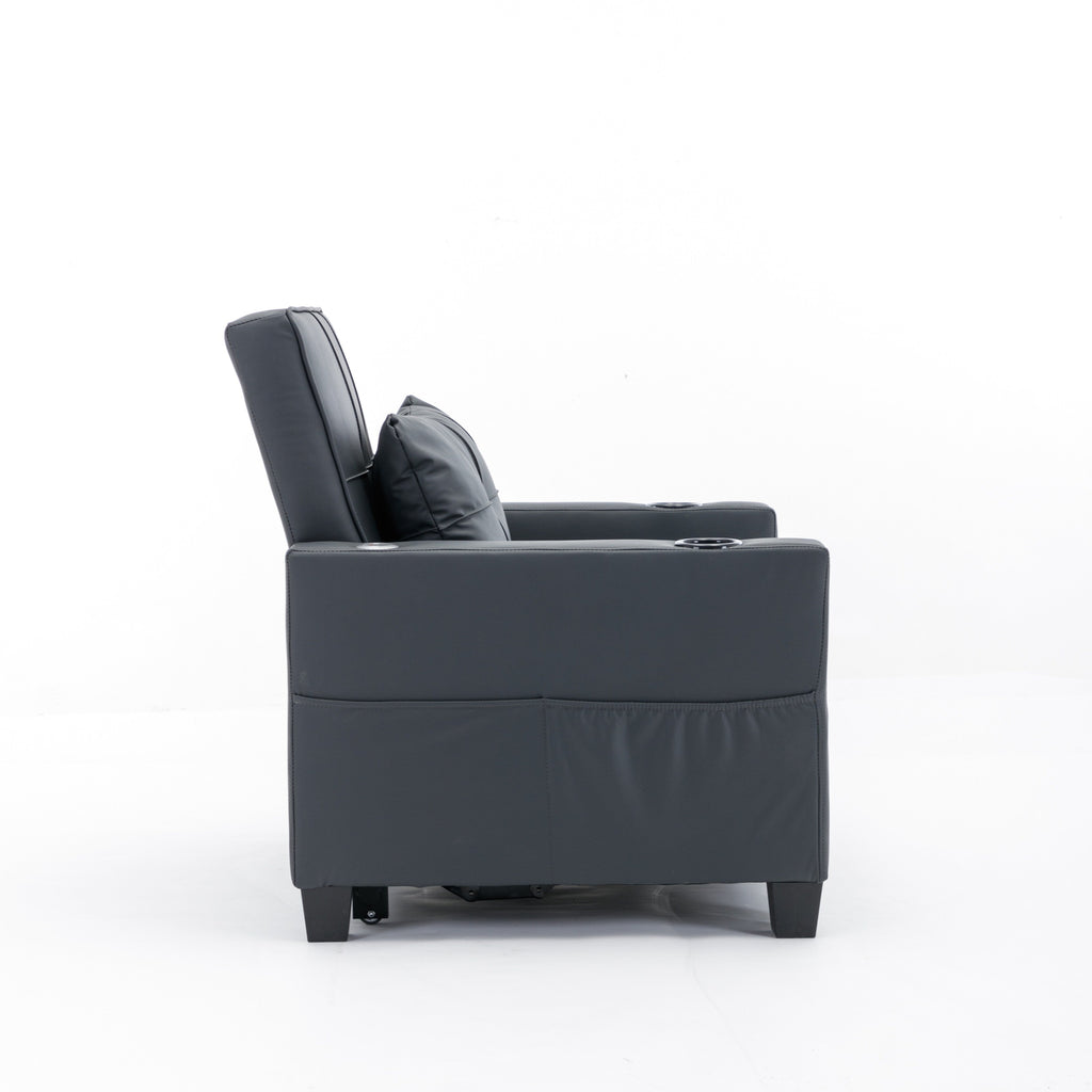 Black Faux Leather Convertible Sofa Bed with USB Ports