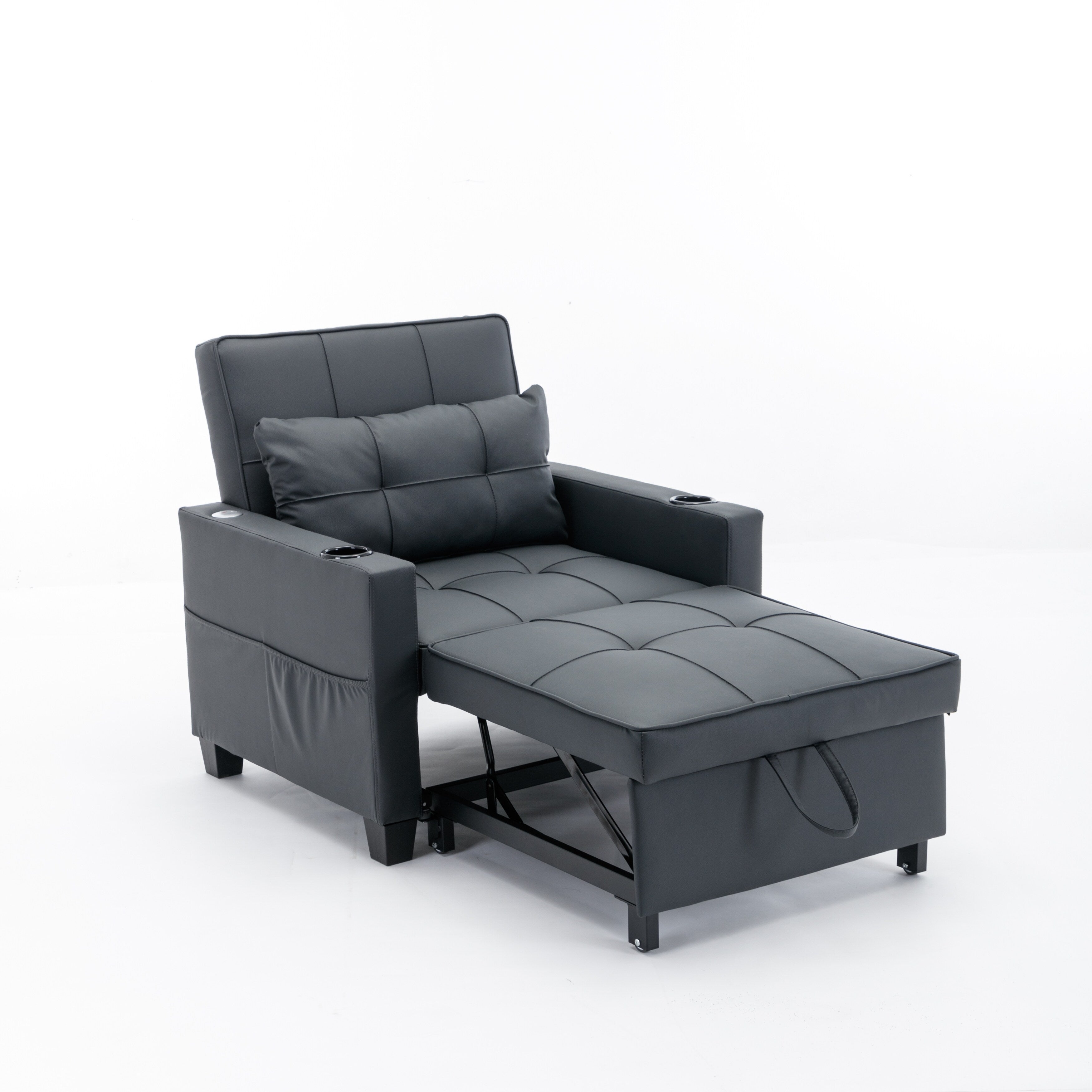 Black Faux Leather Convertible Sofa Bed with USB Ports