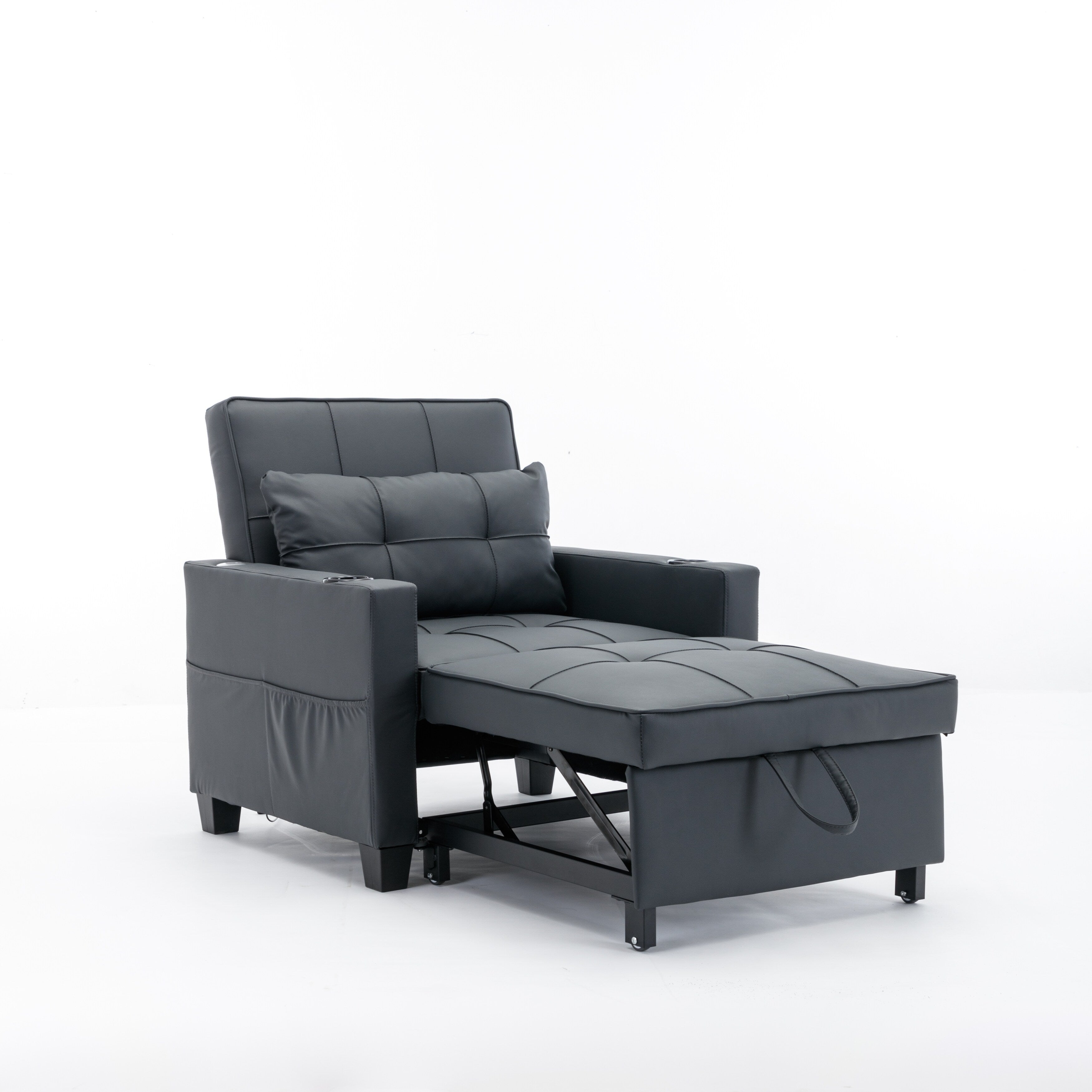 Black Faux Leather Convertible Sofa Bed with USB Ports