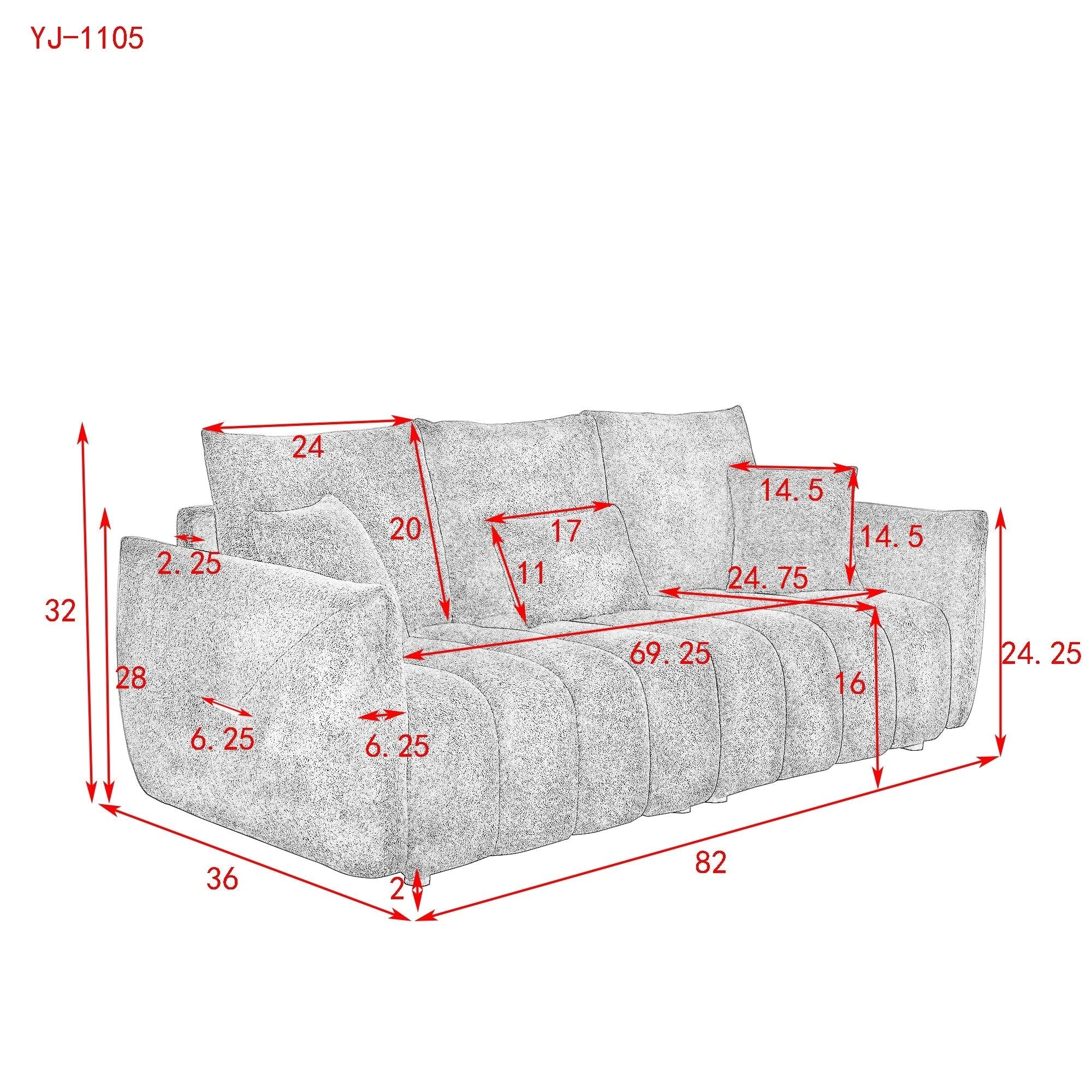 Black Teddy 3-seater Sofa with Back Pillows and Wood Frame