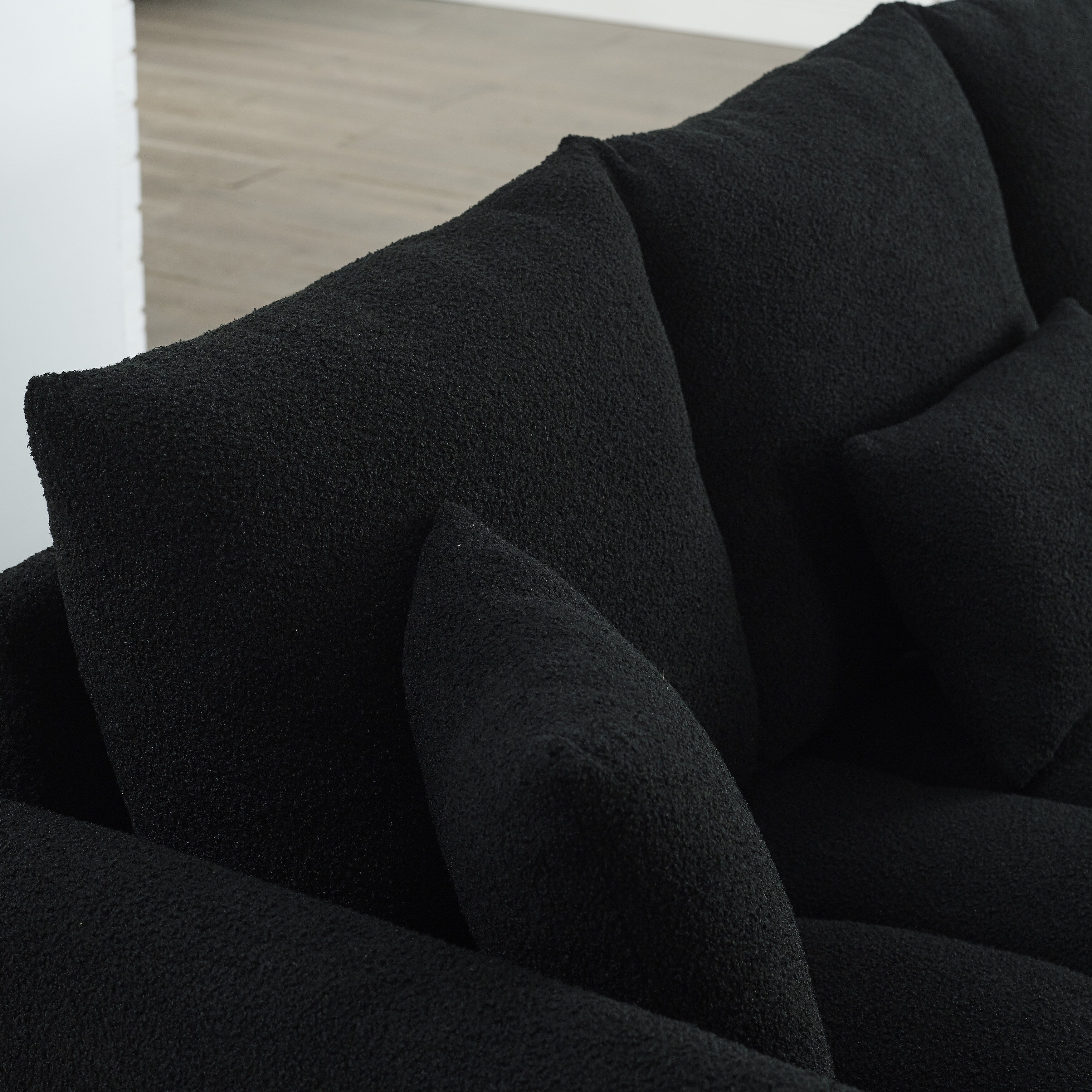 Black Teddy 3-seater Sofa with Back Pillows and Wood Frame