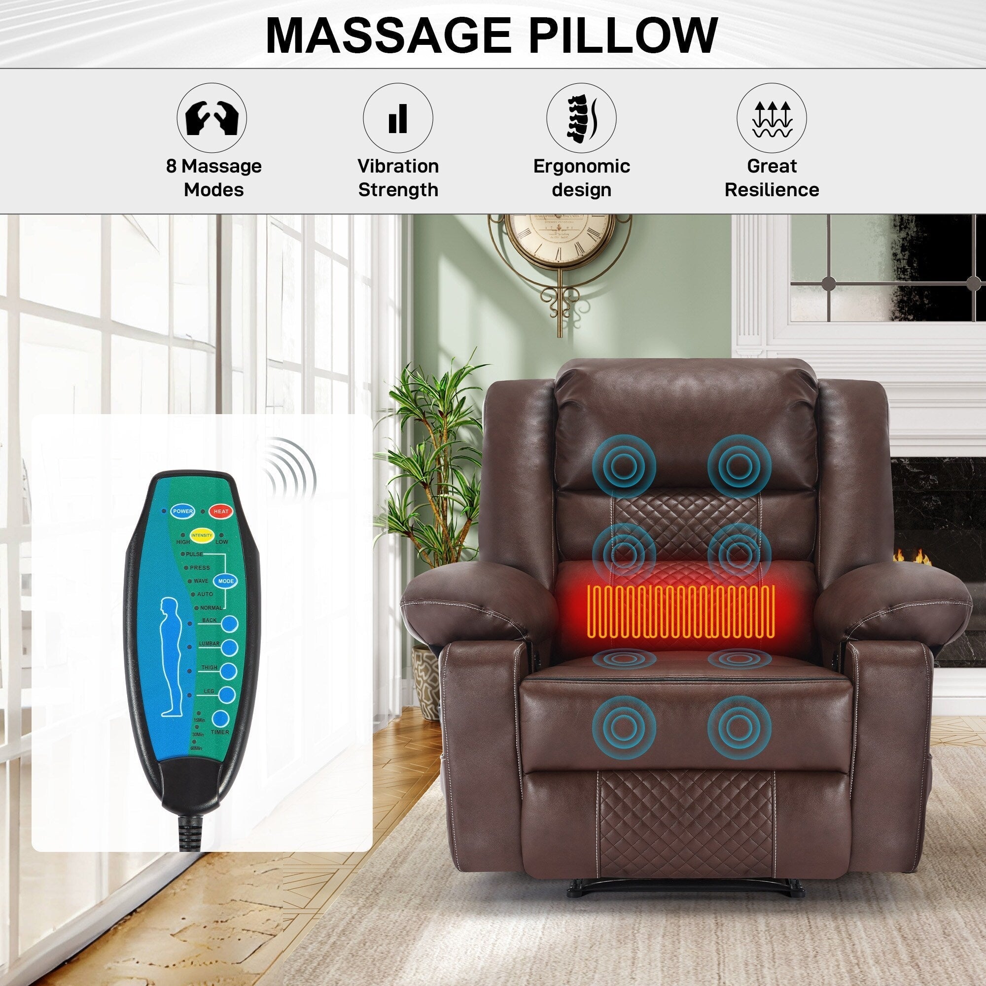 Brown Manual Recliner with 8-Point Massage, Heated Function, and Sturdy Frame for Living Room Comfort