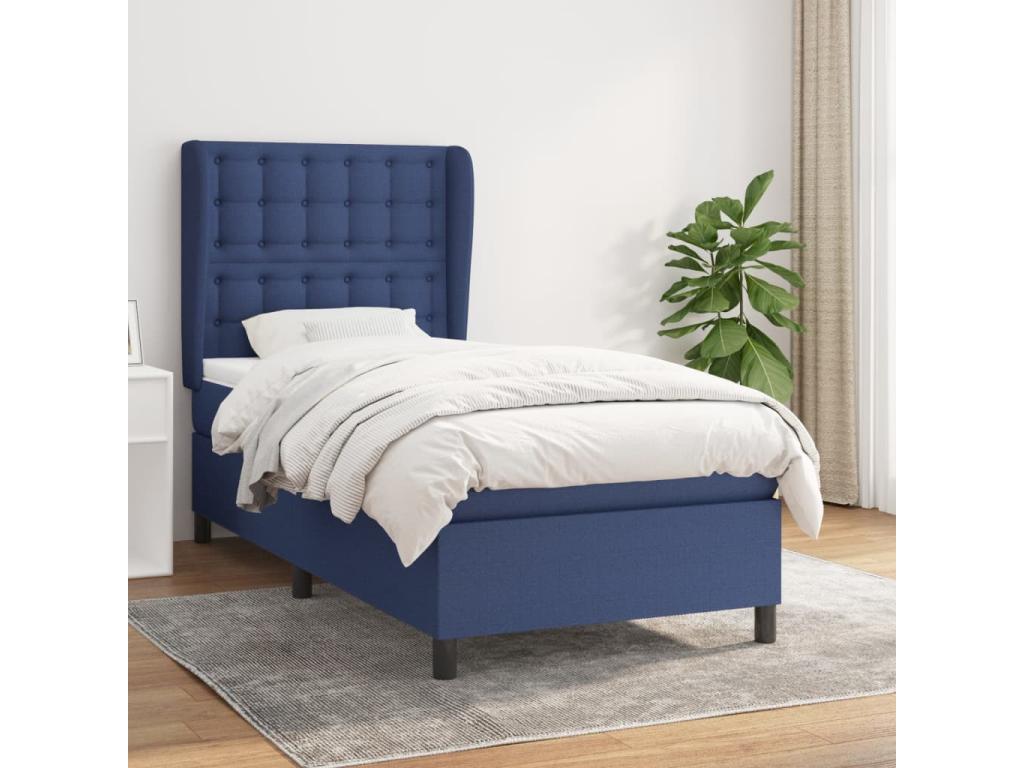 Upholstered bed base with mattress, blue, 100x200 cm, fabric