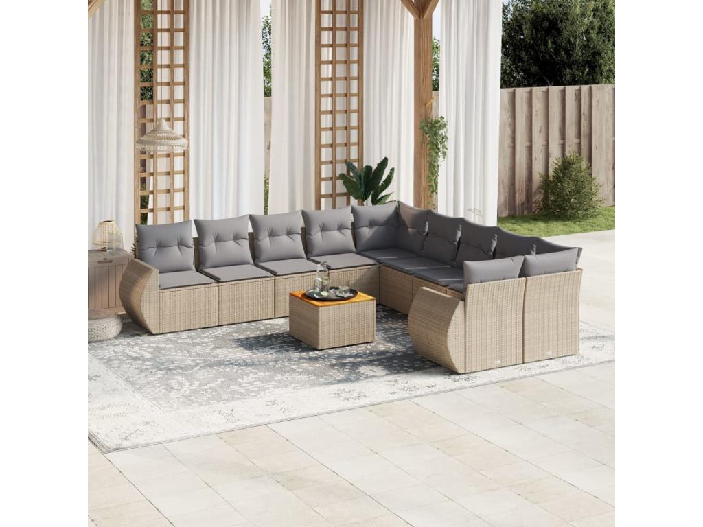 11-piece garden furniture set with beige resin wicker cushions