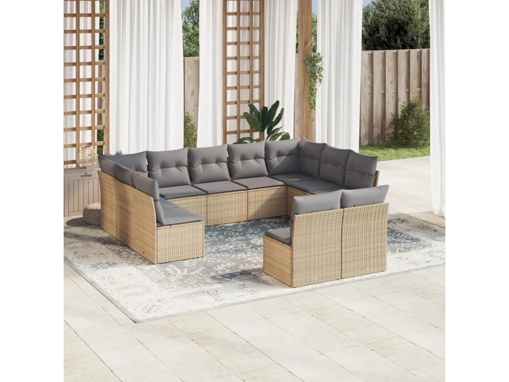 11-piece garden furniture set with beige resin wicker cushions