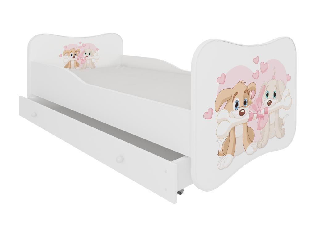 White wooden children's bed with drawers and a print of loving dogs - Slatted base and mattress included - Ondula-80x160