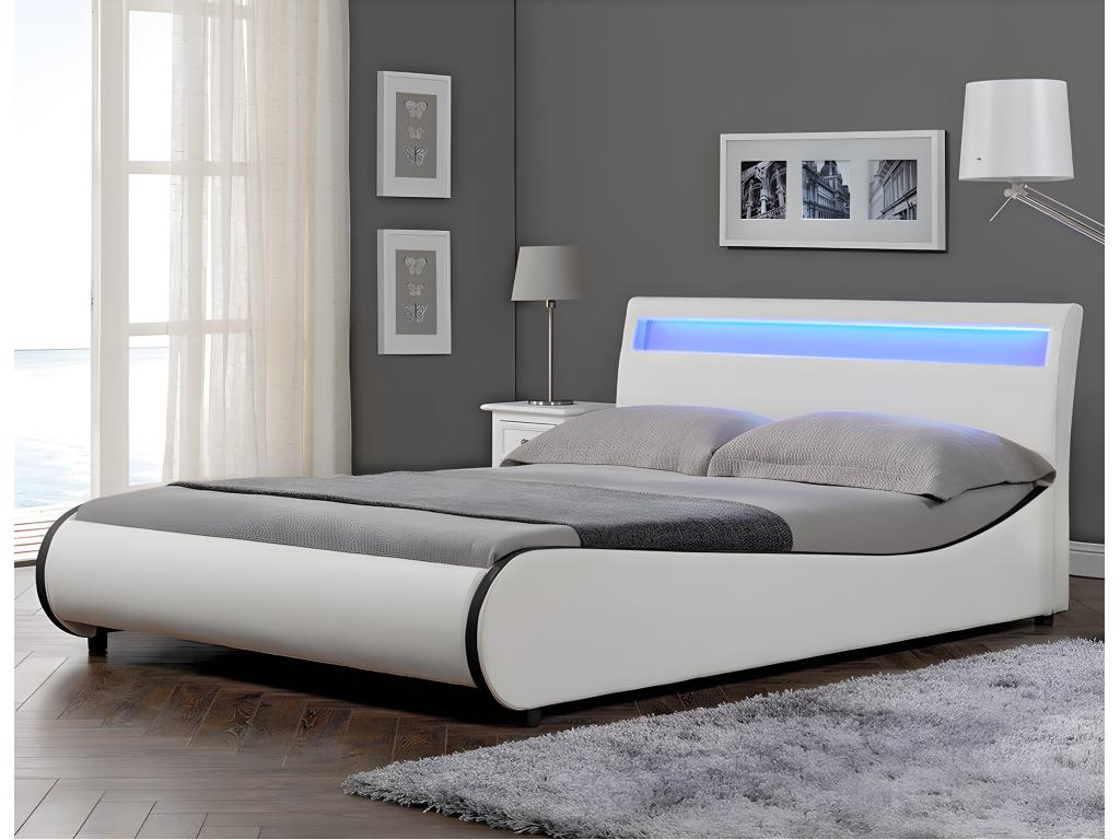 Meublori Double Bed Frame with LED Lighting, 140x200 cm, Faux Leather with Meublori White Slatted Base