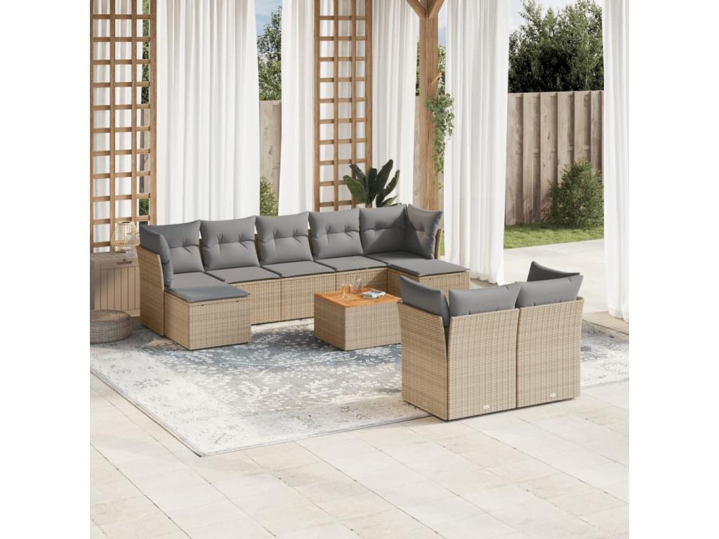 Garden furniture set with 10 beige resin wicker cushions