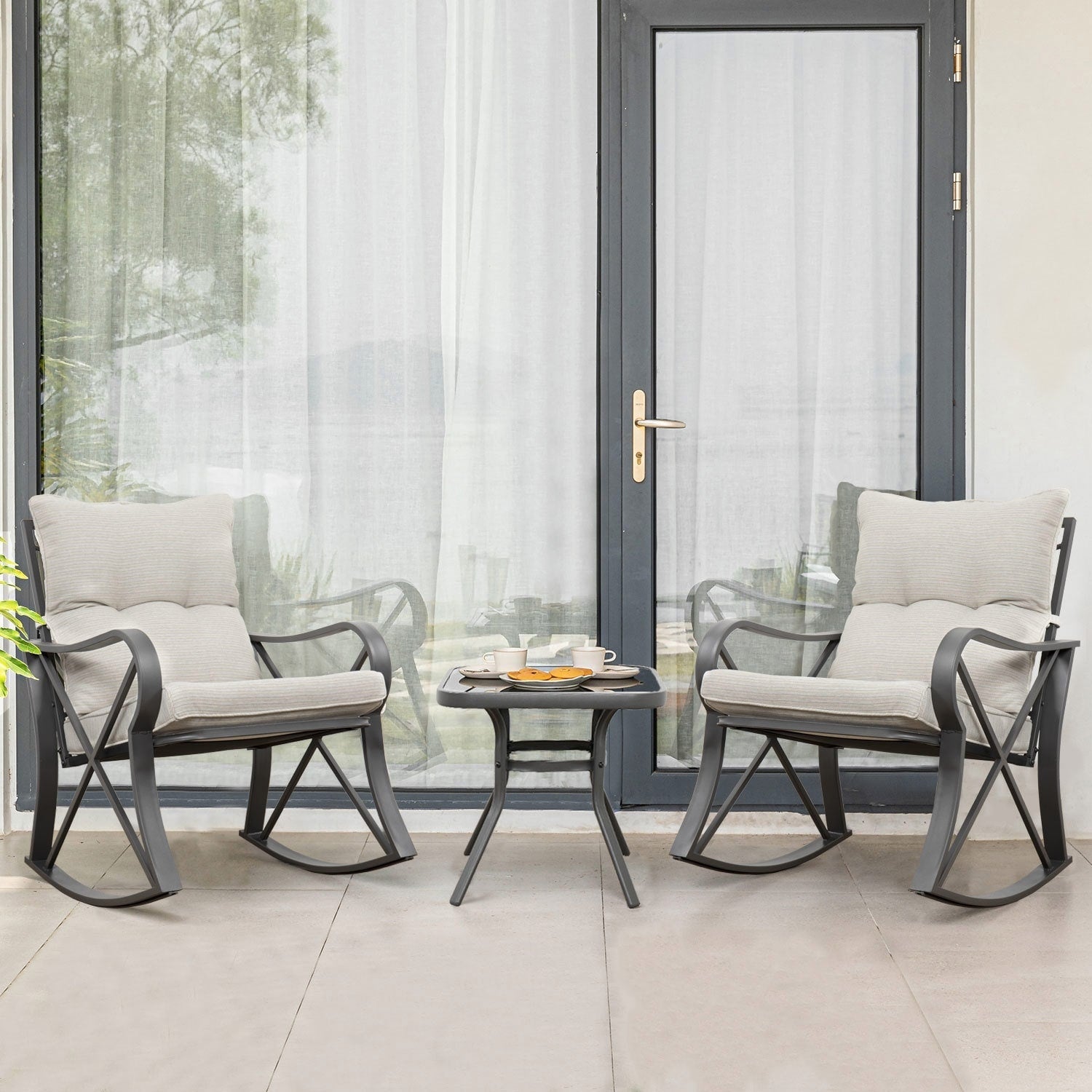 COSIEST 3-piece Outdoor Rocking Chair Chat Set with Side Table
