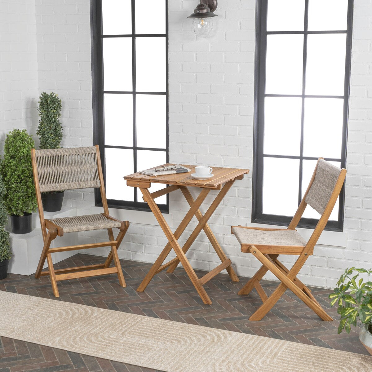 Cadiz Modern Coastal 3-Piece Acacia Wood Outdoor Folding Bistro Set, by JONATHAN Y