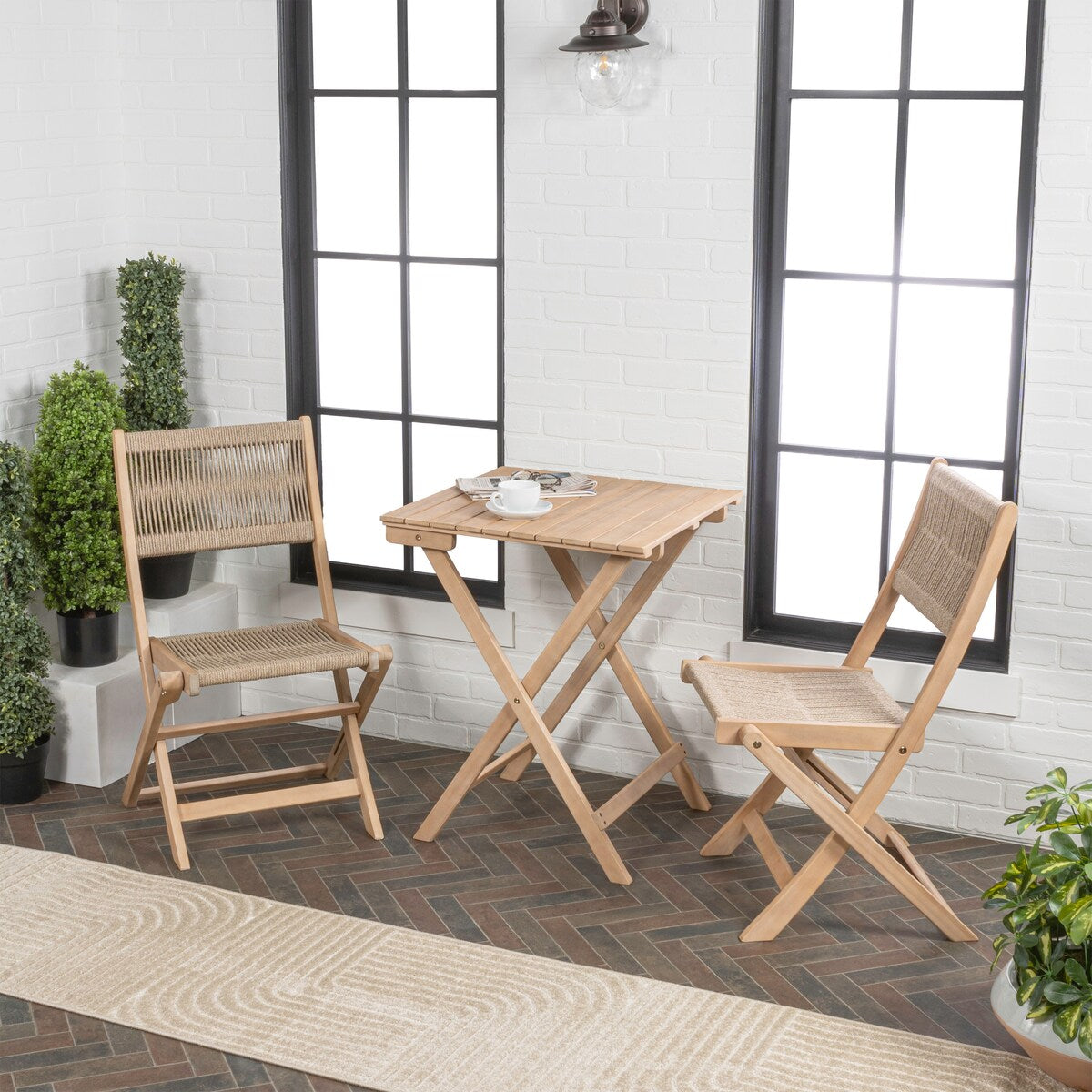 Cadiz Modern Coastal 3-Piece Acacia Wood Outdoor Folding Bistro Set, by JONATHAN Y