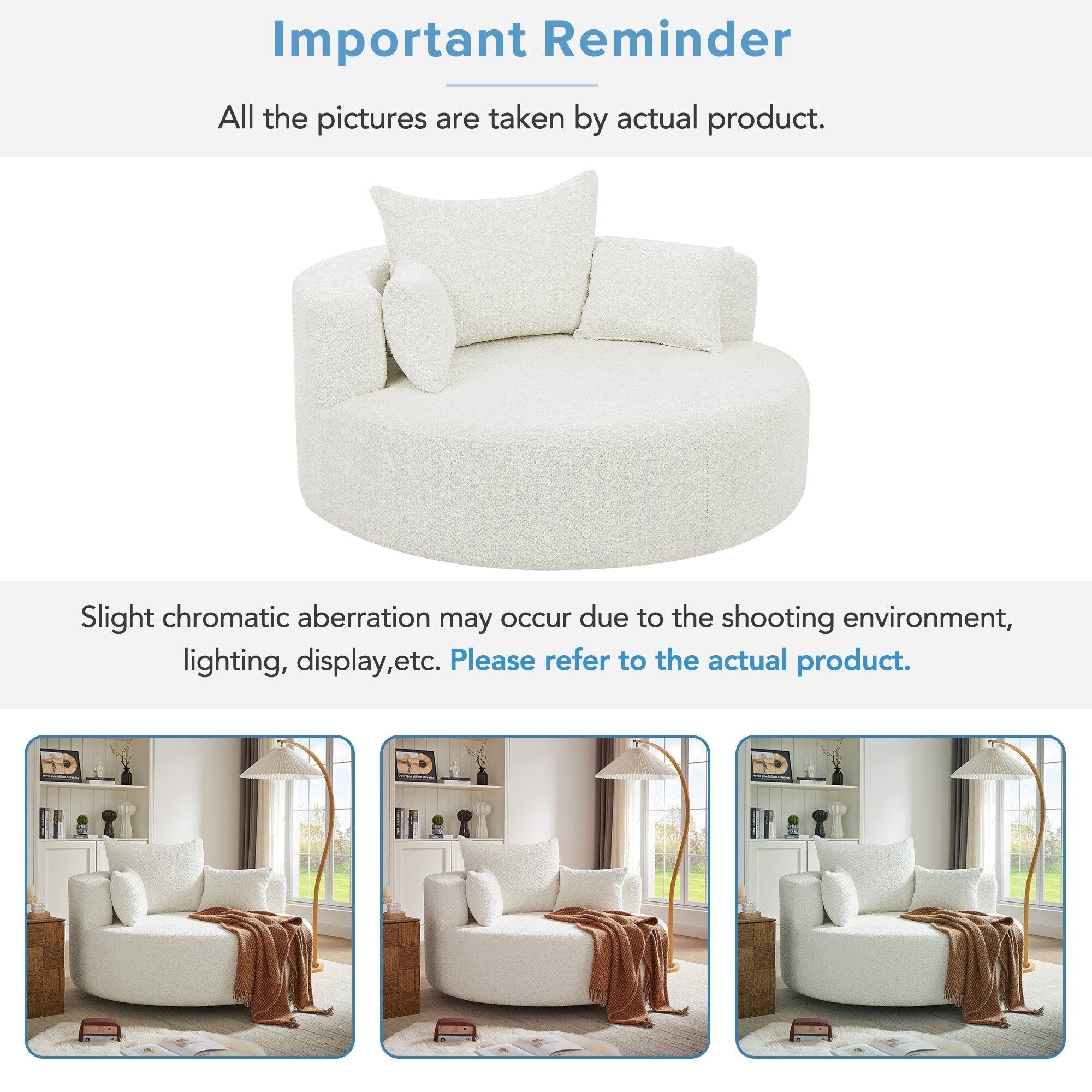 Chenille Accent Barrel Chair Lounge Chair, Round Sofa Chair Armchair with 360-Degree Swivel Base and 3 Removable Pillows