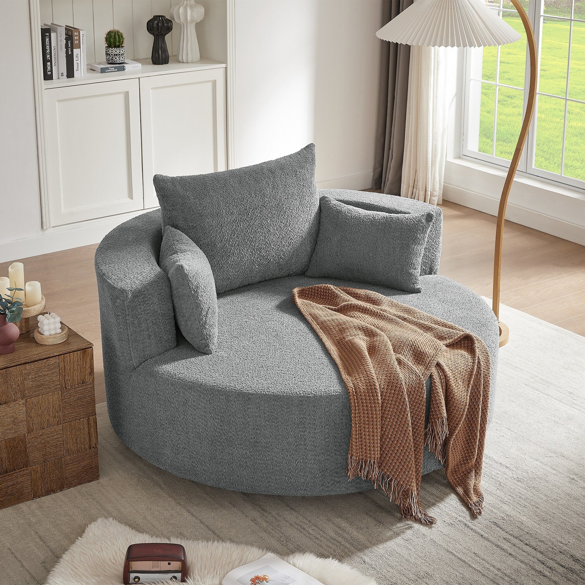 Chenille Accent Barrel Chair Lounge Chair, Round Sofa Chair Armchair with 360-Degree Swivel Base and 3 Removable Pillows