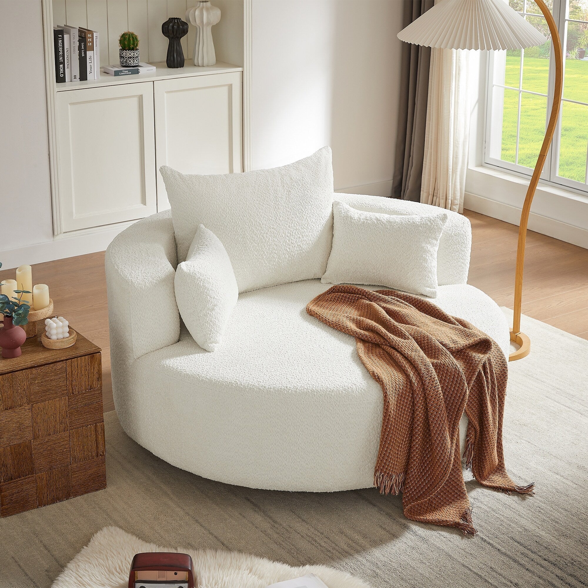 Chenille Accent Barrel Chair Lounge Chair, Round Sofa Chair Armchair with 360-Degree Swivel Base and 3 Removable Pillows