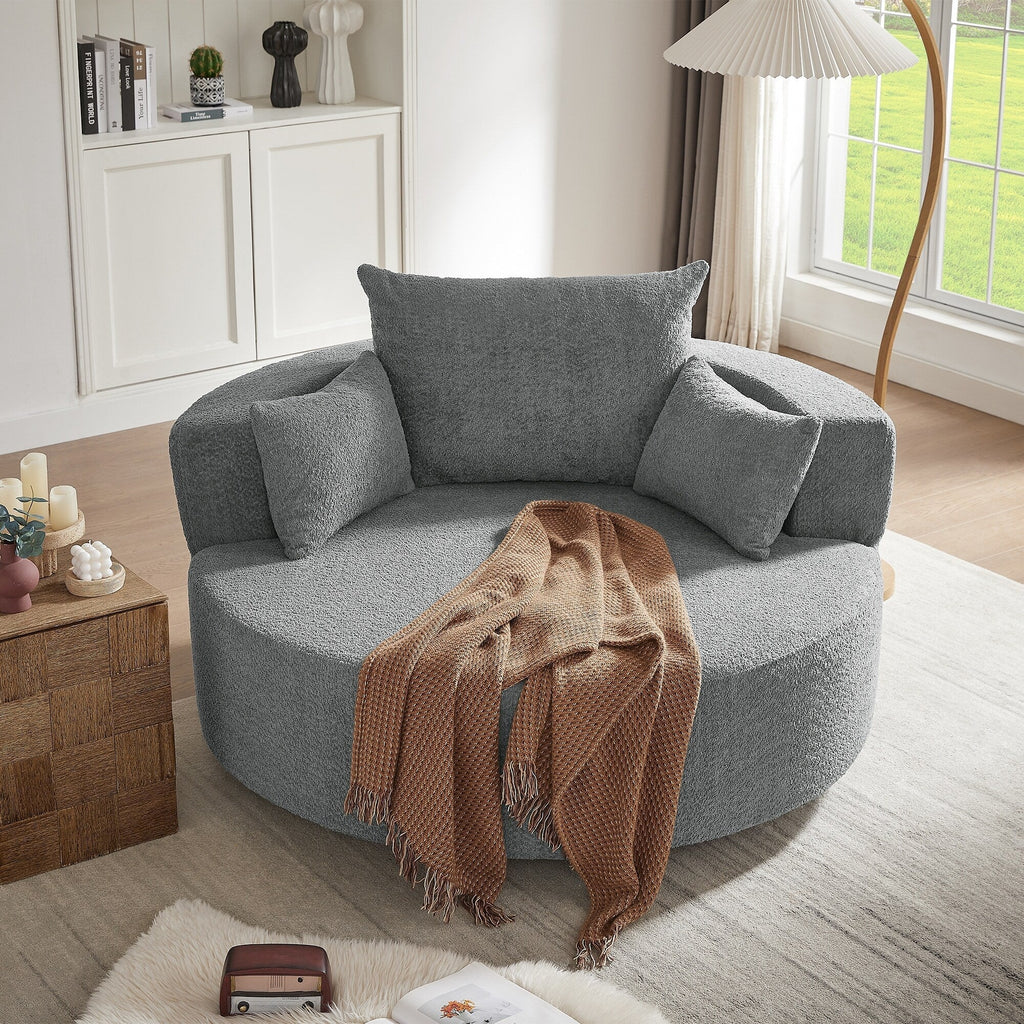 Chenille Accent Barrel Chair Lounge Chair, Round Sofa Chair Armchair with 360-Degree Swivel Base and 3 Removable Pillows
