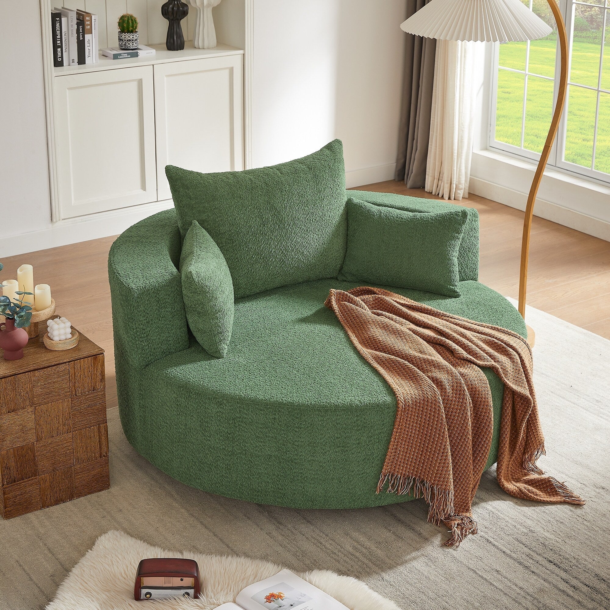 Chenille Accent Barrel Chair Lounge Chair, Round Sofa Chair Armchair with 360-Degree Swivel Base and 3 Removable Pillows
