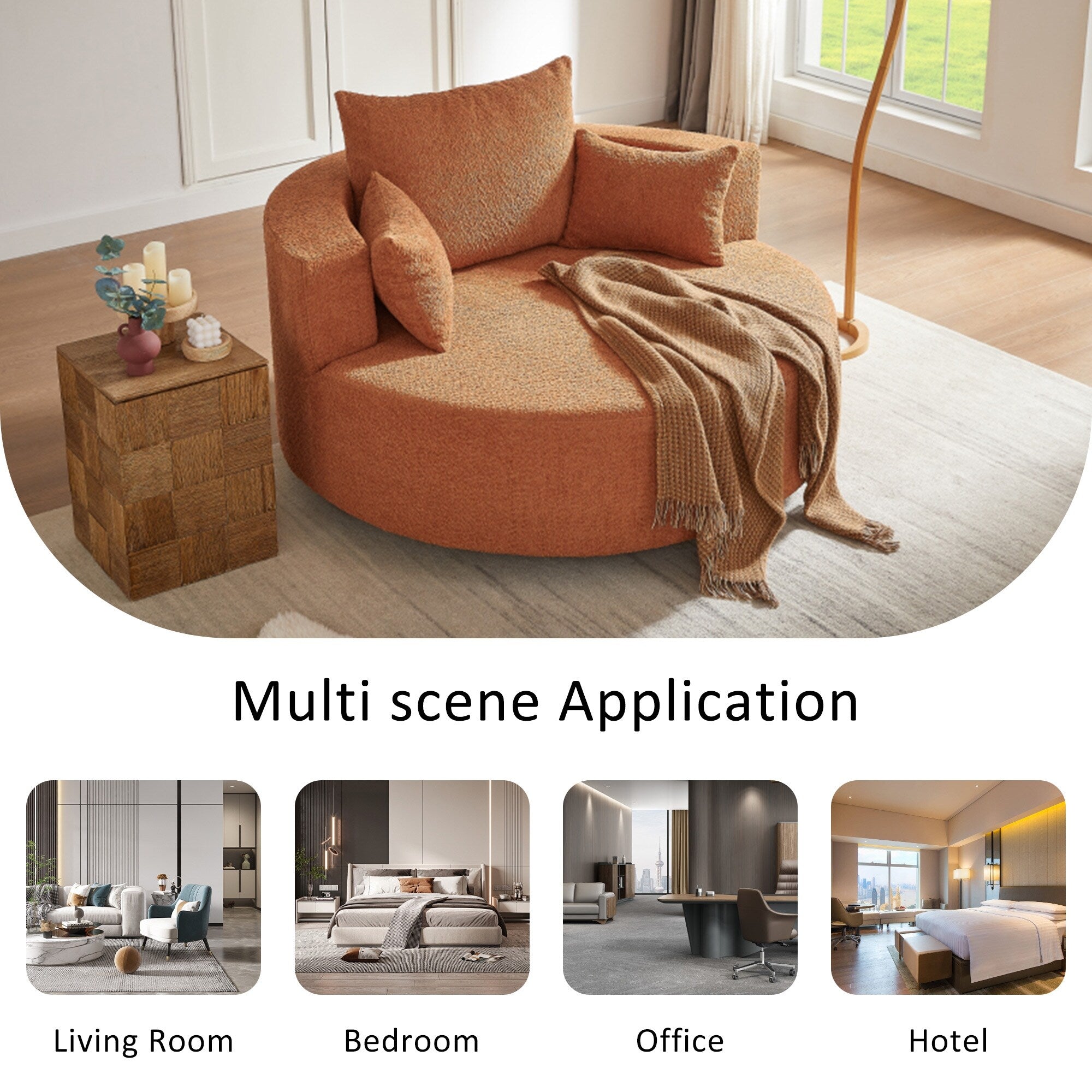 Chenille Accent Barrel Chair Lounge Chair, Round Sofa Chair Armchair with 360-Degree Swivel Base and 3 Removable Pillows