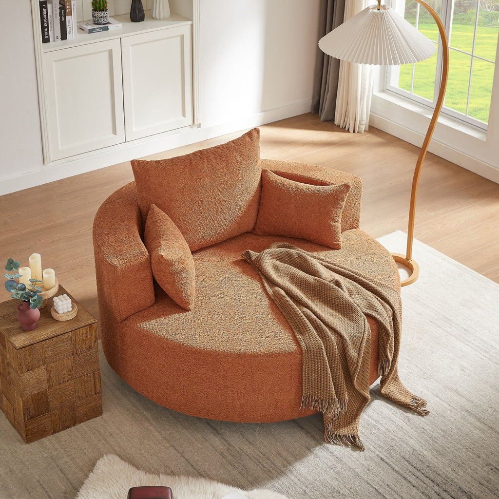 Chenille Accent Barrel Chair Lounge Chair, Round Sofa Chair Armchair with 360-Degree Swivel Base and 3 Removable Pillows