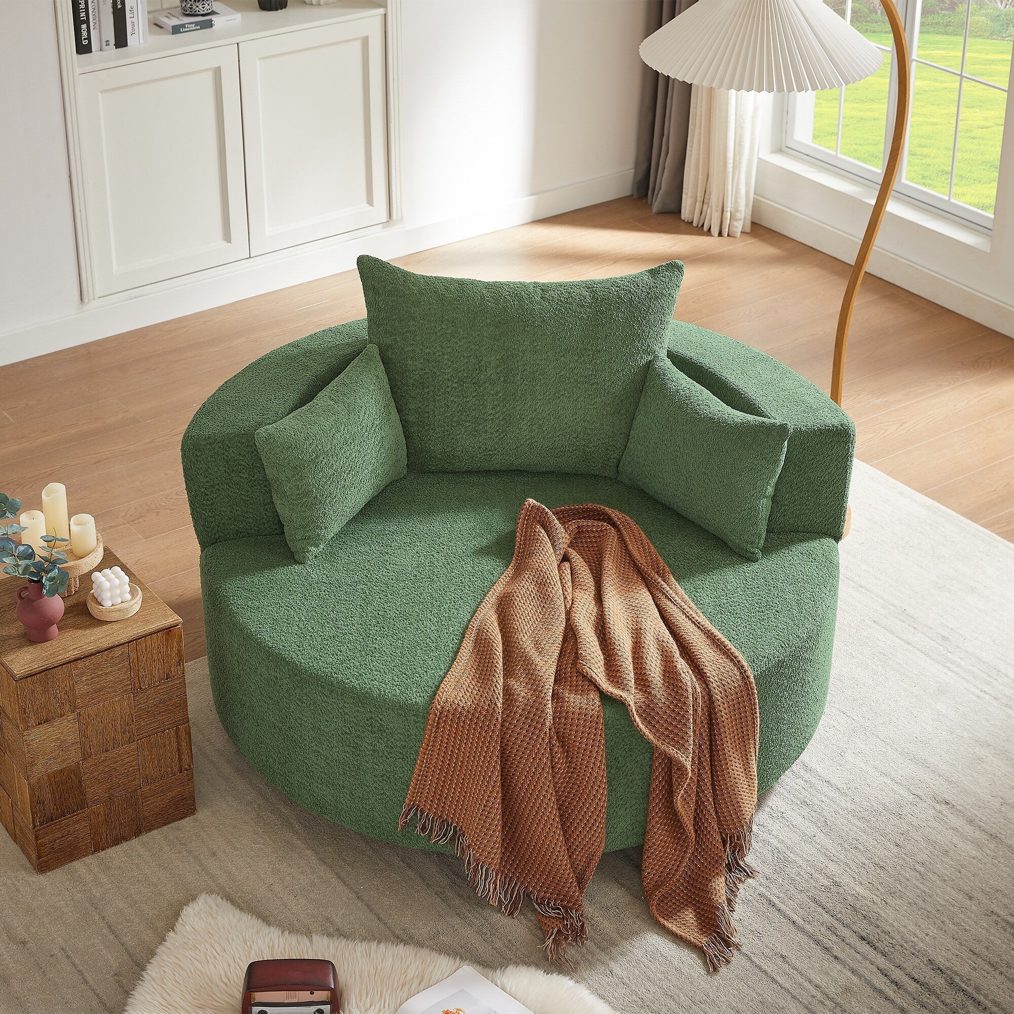 Chenille Accent Barrel Chair Lounge Chair, Round Sofa Chair Armchair with 360-Degree Swivel Base and 3 Removable Pillows