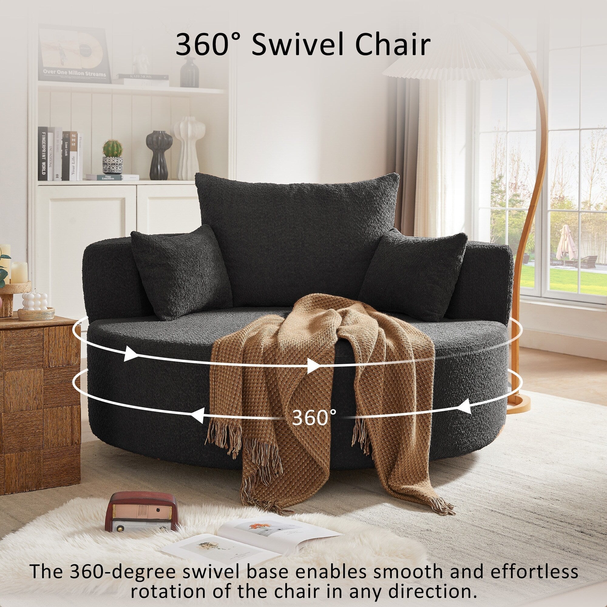 Chenille Accent Barrel Chair Lounge Chair, Round Sofa Chair Armchair with 360-Degree Swivel Base and 3 Removable Pillows