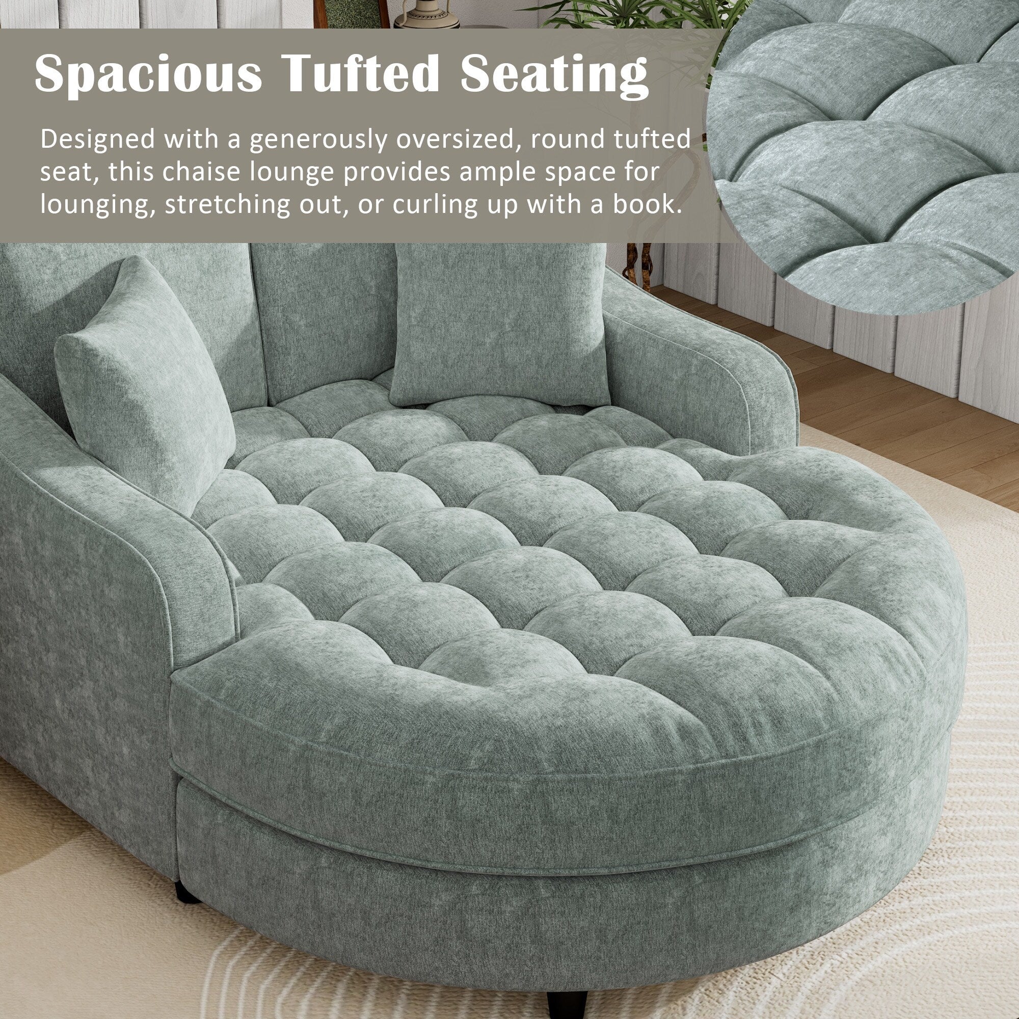 Chenille Chaise Lounge Sofa Bed, Upholstered Sofa Couch with Tufted Backrest and 2 Detachable Pillows for Living Room