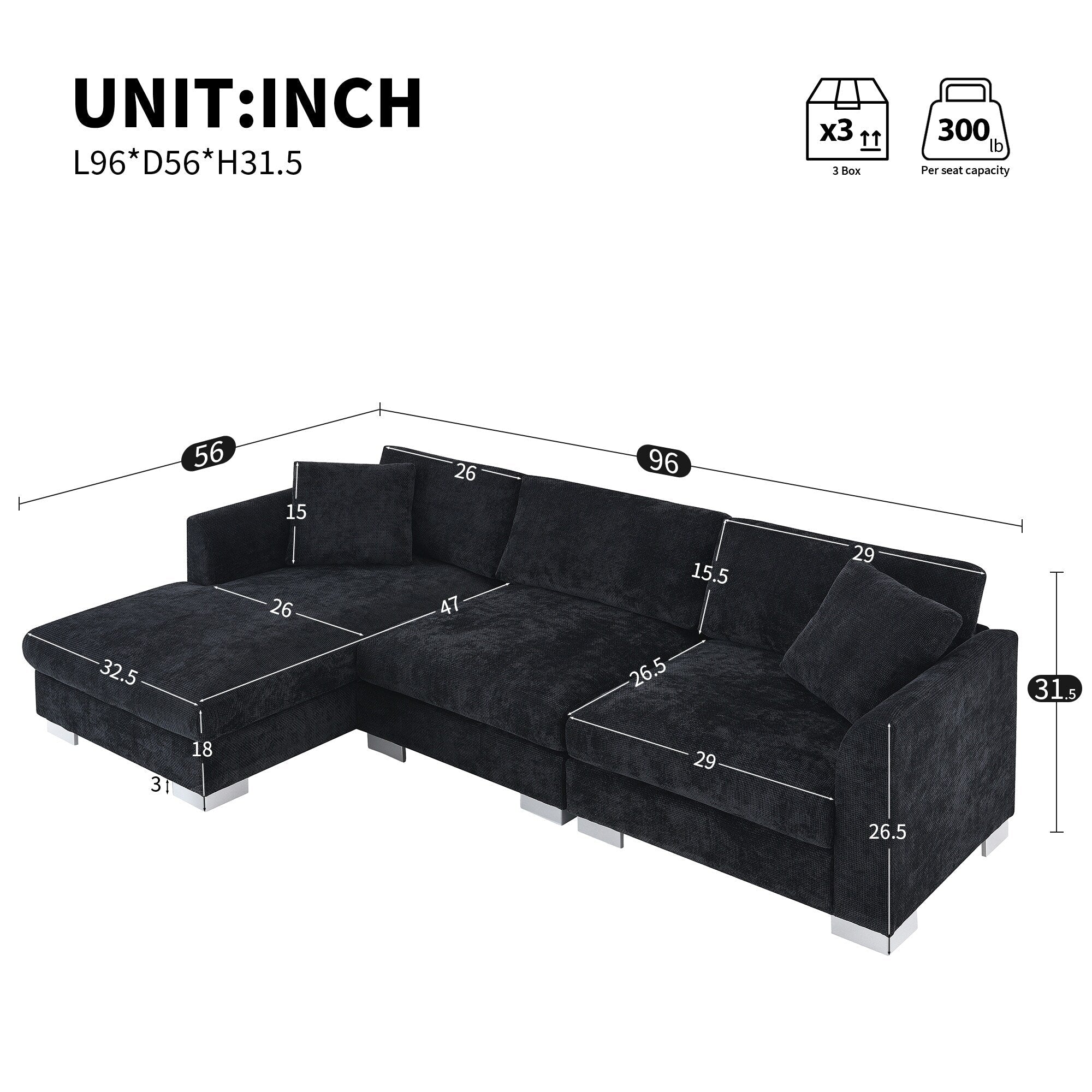 Cloud Sectional Sofa,L-Shaped Luxury Couch Set With 2 Free Pillows,4-Seat Chenille Indoor Furniture With Oversized Chaise