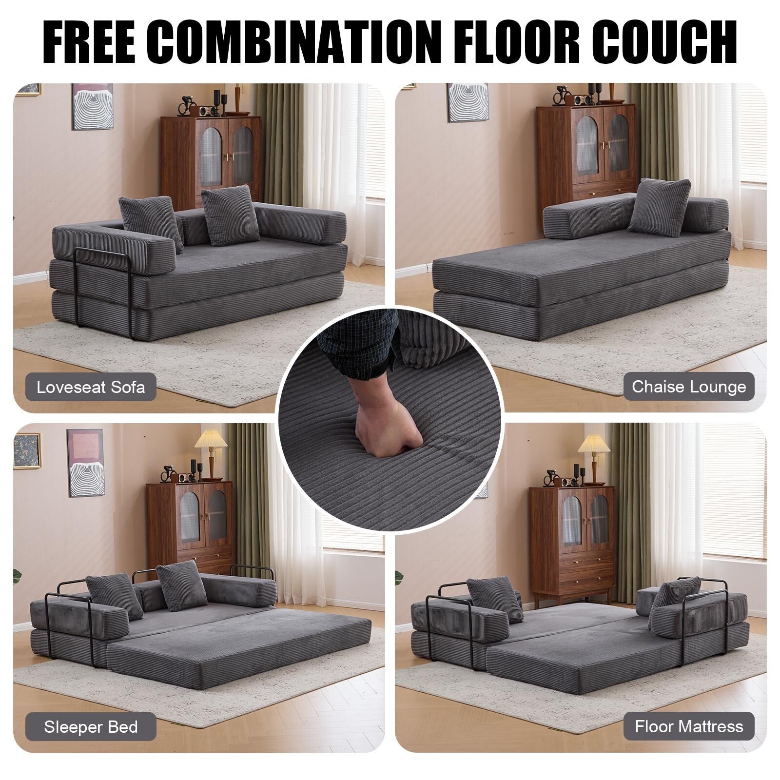 Convertible Floor Sofa Bed with Pillow Back Chenille Fabric for Living Room Bedroom