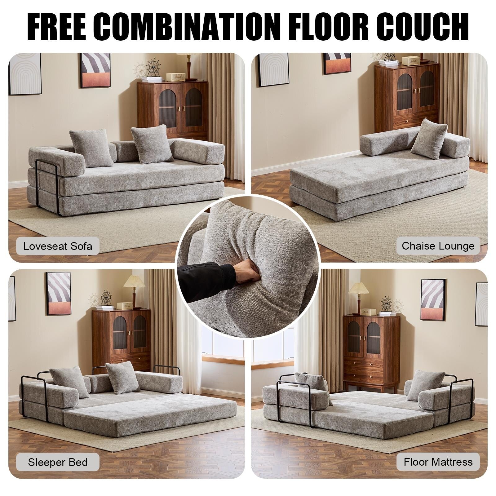 Convertible Floor Sofa Bed with Pillow Back Chenille Fabric for Living Room Bedroom