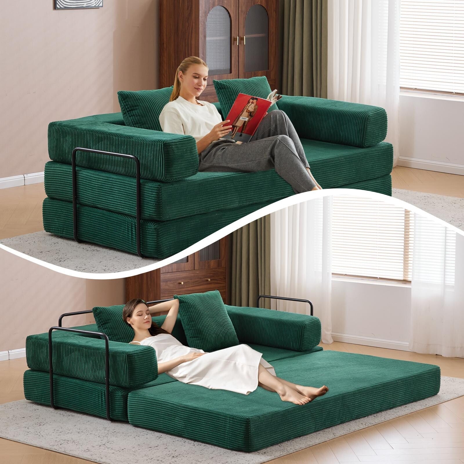 Convertible Floor Sofa Bed with Pillow Back Chenille Fabric for Living Room Bedroom