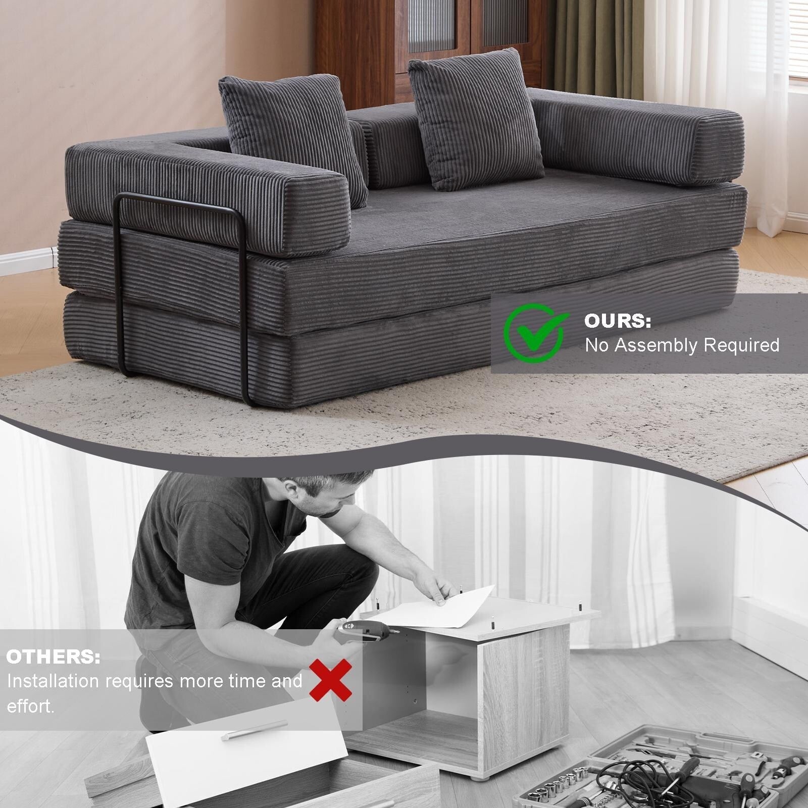 Convertible Floor Sofa Bed with Pillow Back Chenille Fabric for Living Room Bedroom