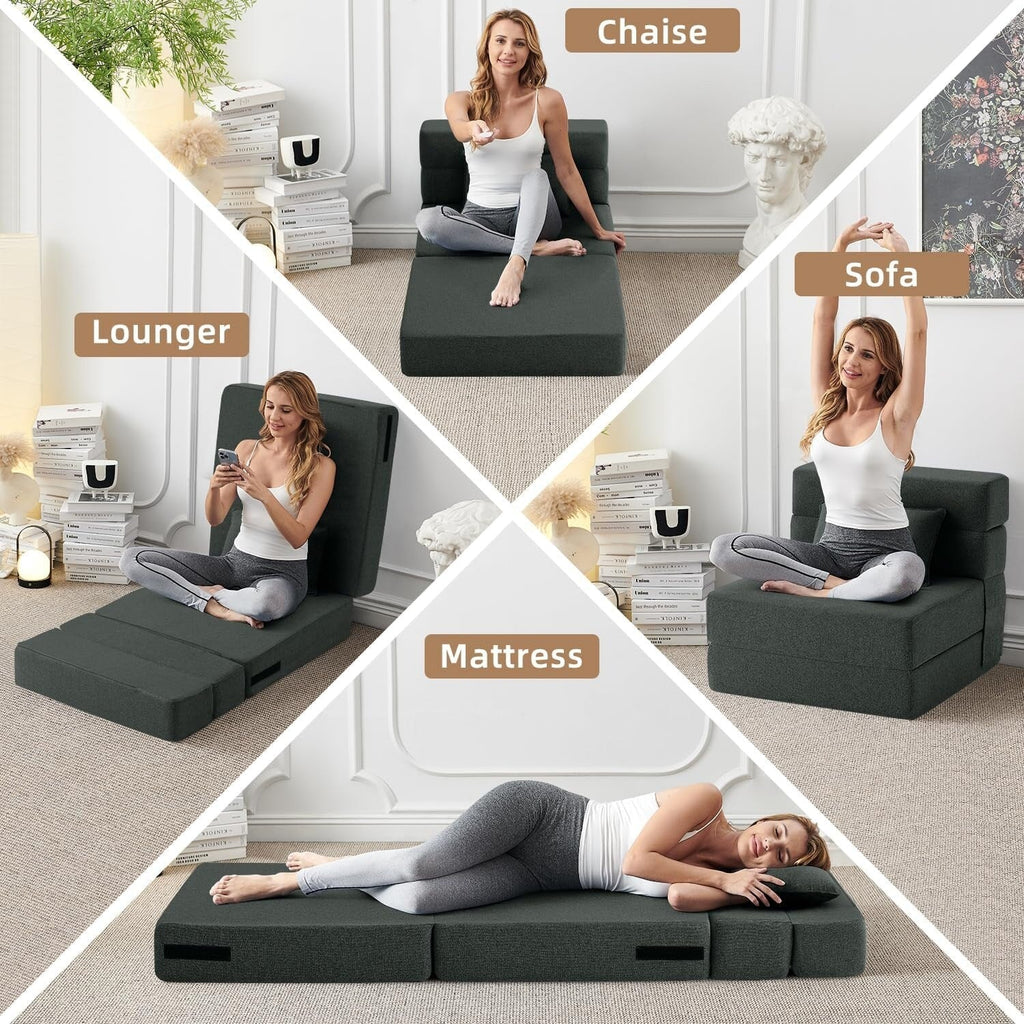 Convertible Folding Sofa Bed - Modern Linen Sleeper Chair with Pillow & Foldable Mattress for Living Room/Dorm/Guest
