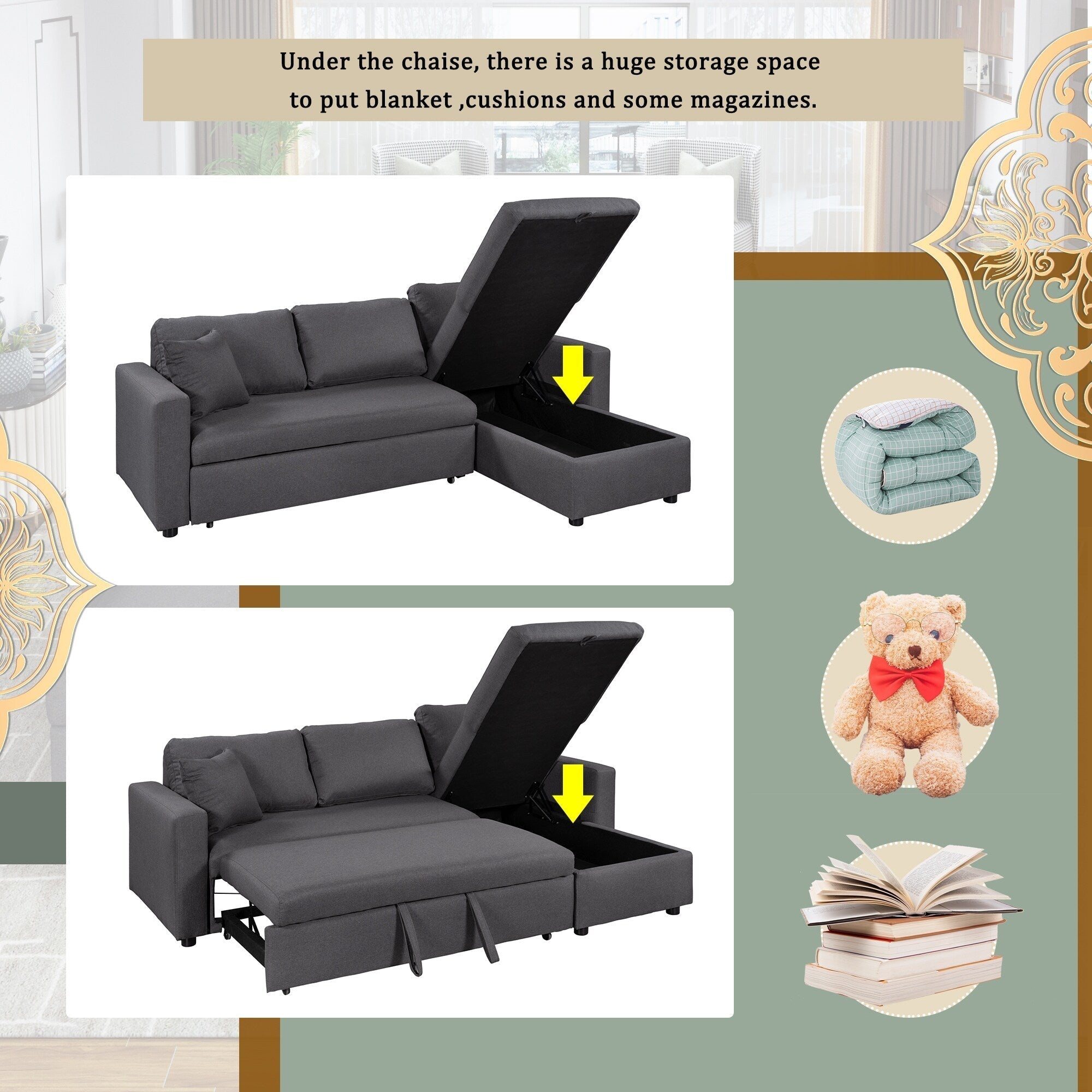 Convertible L-Shaped Sectional Sofa with Pull-Out Bed and Storage Space, 2 Tossing Cushions
